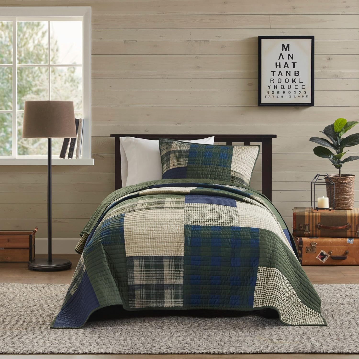 Woolrich Quilt Set - Patchwork Channel Quilting 2 Piece Twin XL Green