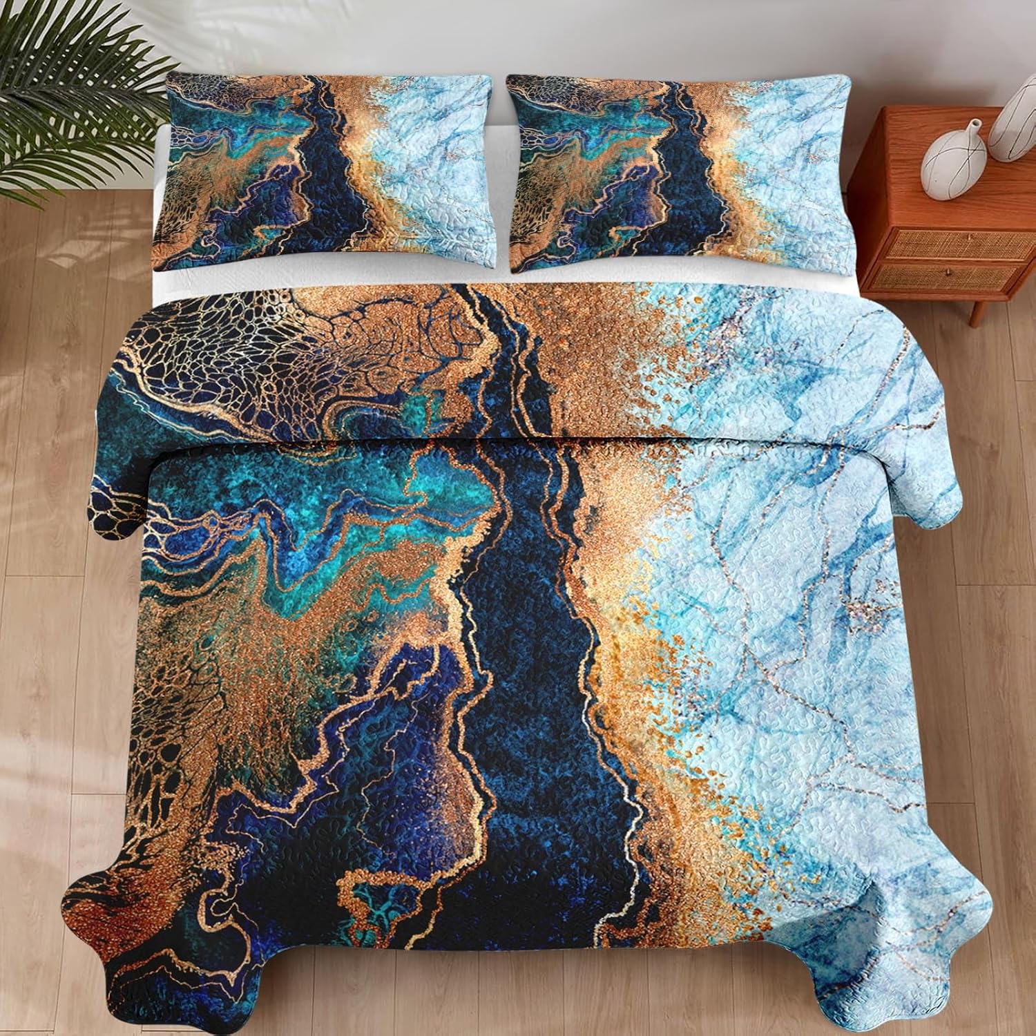 Pamnest Quilt Set Twin Size Blue Gold Marble 2 Pcs 1