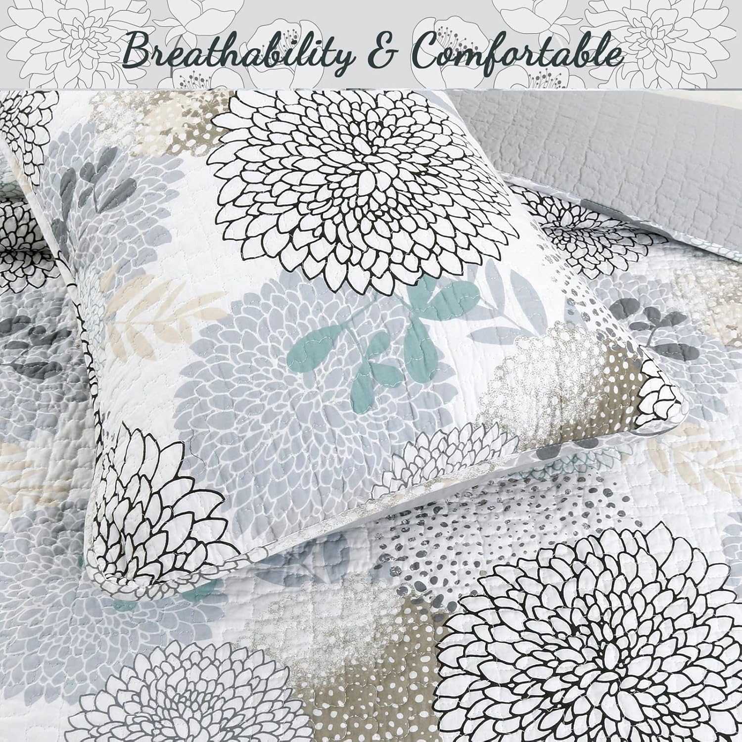 Cozy Line Nina Trista Flowers Aqua Blue Reversible Quilt Bedding Set