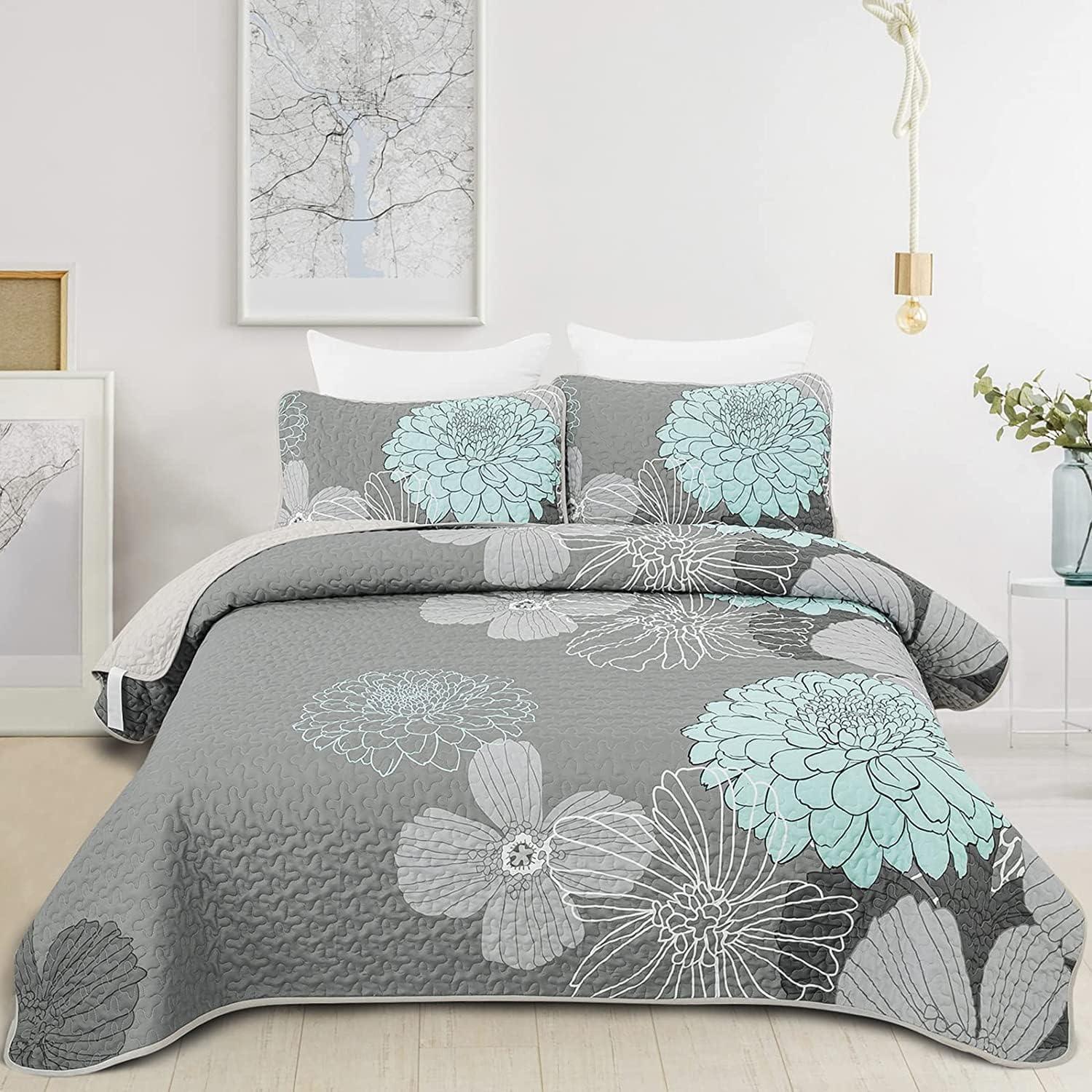 Yiran Grey Aqua Floral Queen Quilt Set 3pcs