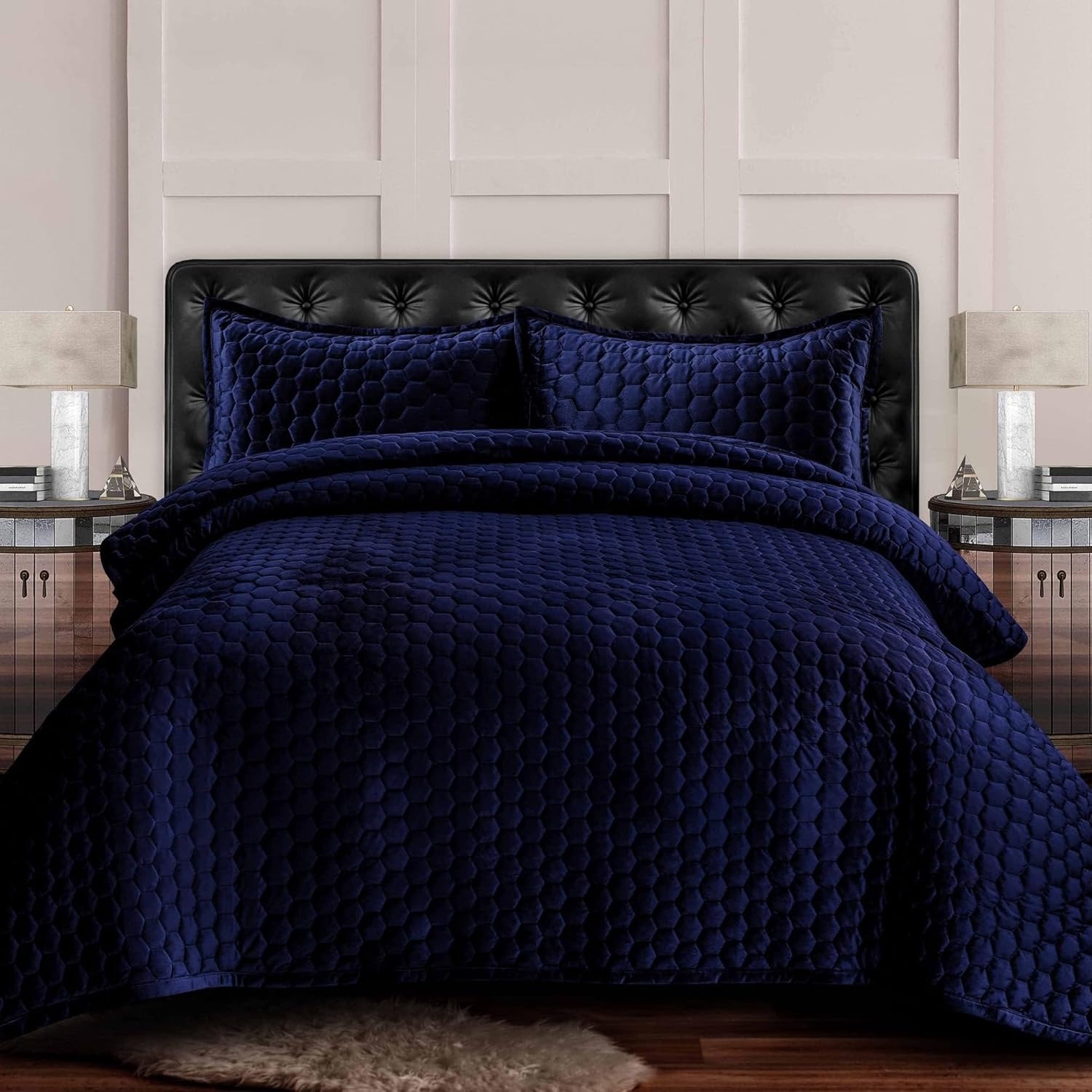 Tribeca Living Velvet Twin Quilt Set Navy Blue
