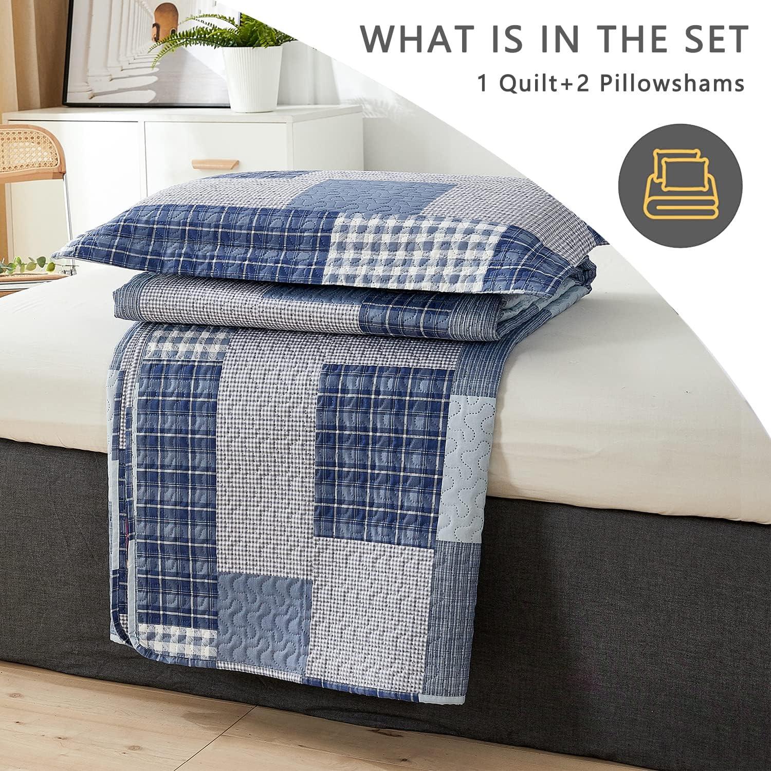 Jarson Light Blue Plaid Quilt Set 3Pcs King Size Reversible