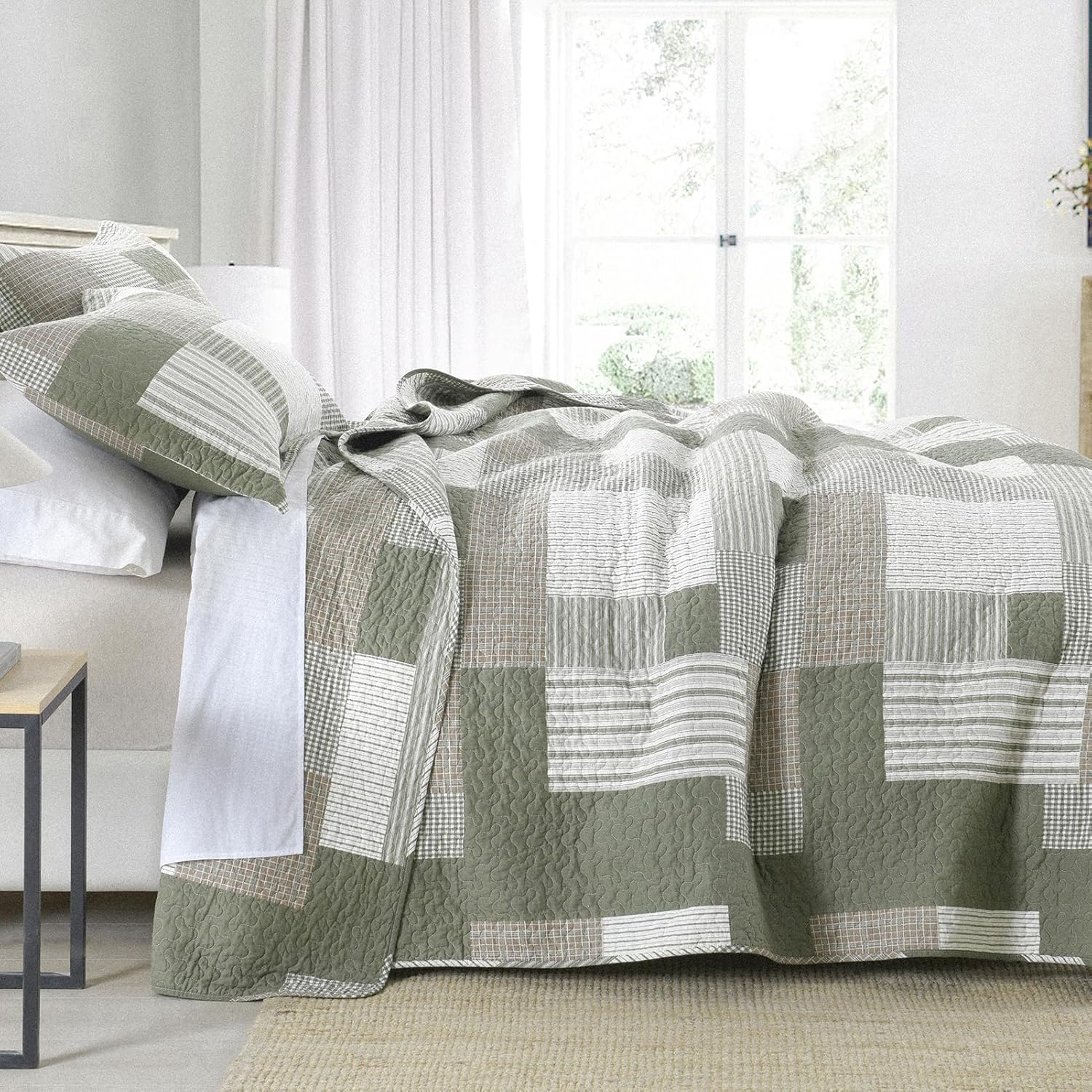 SahSahCasa Queen Size Quilt Set 3Pcs Green Brown
