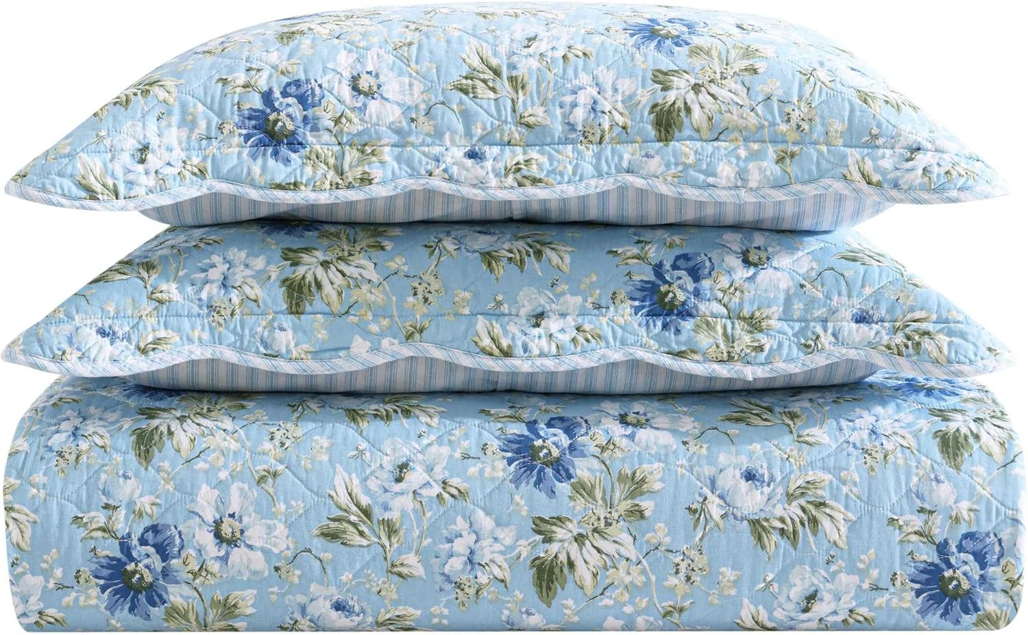 Laura Ashley Quilt Set with Scalloped Edges Peony Garden Blue FullQueen