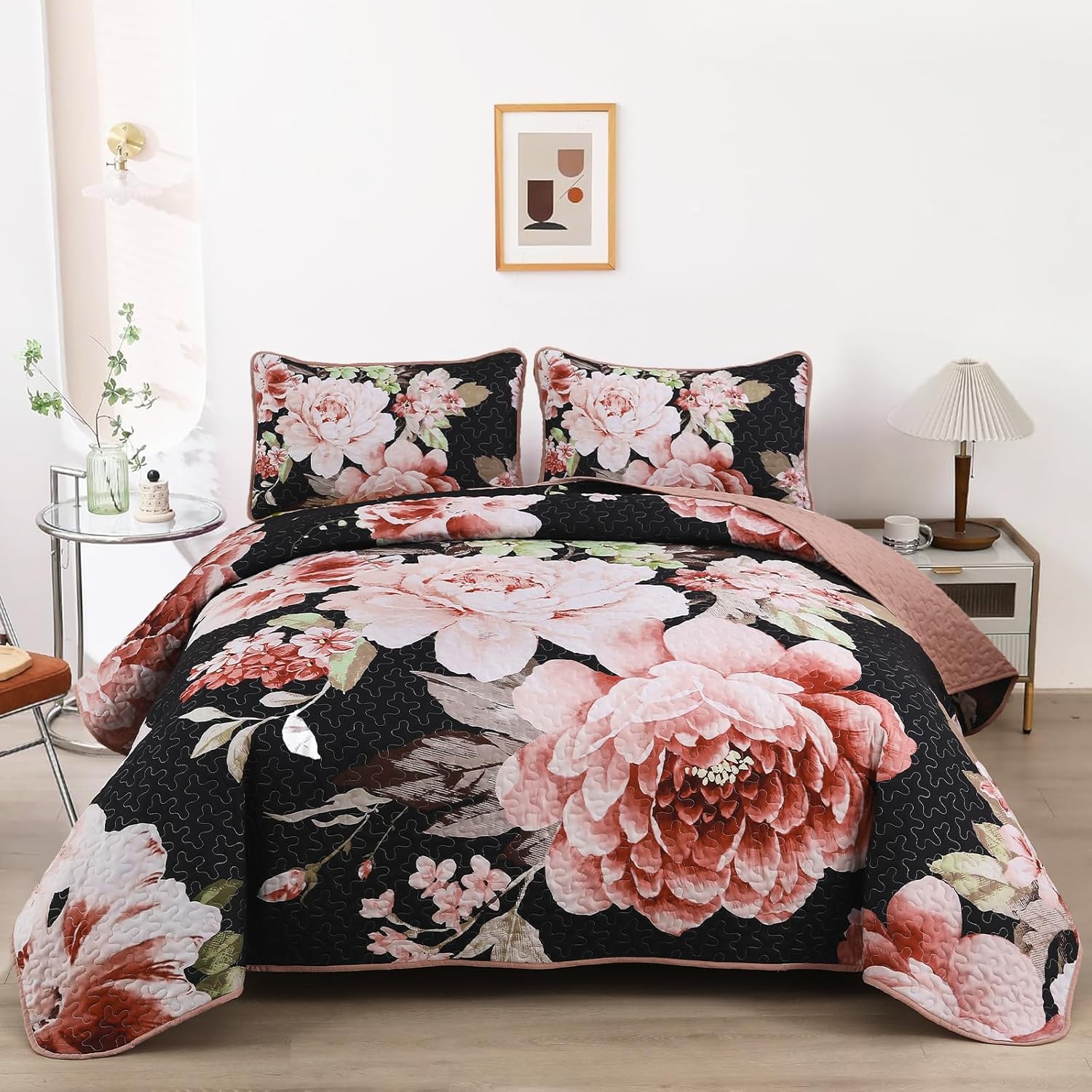 WONGS BEDDING Black Floral Queen Quilt Set 3 Piece
