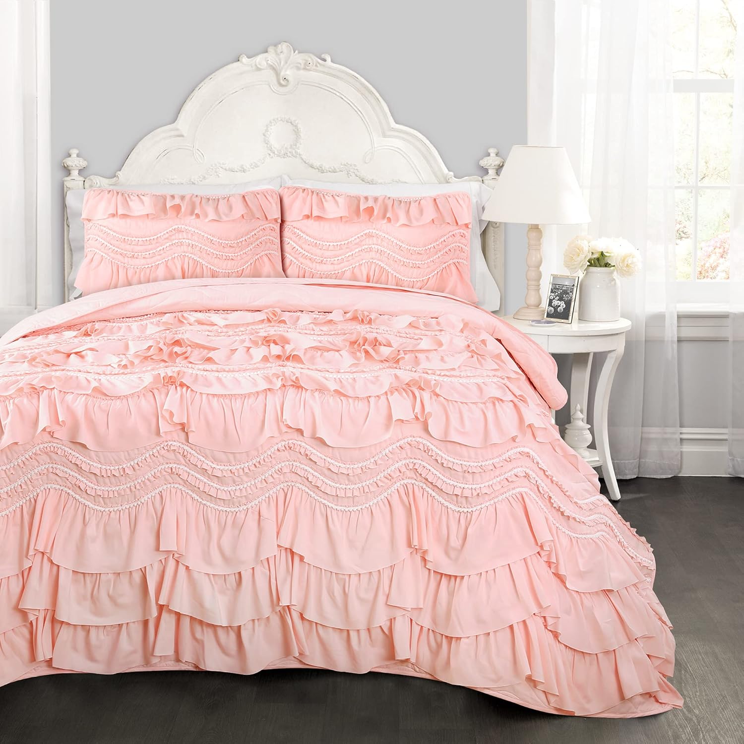 Lush Decor Kemmy Ruffled Quilt 3 Piece King Set PeachBlush