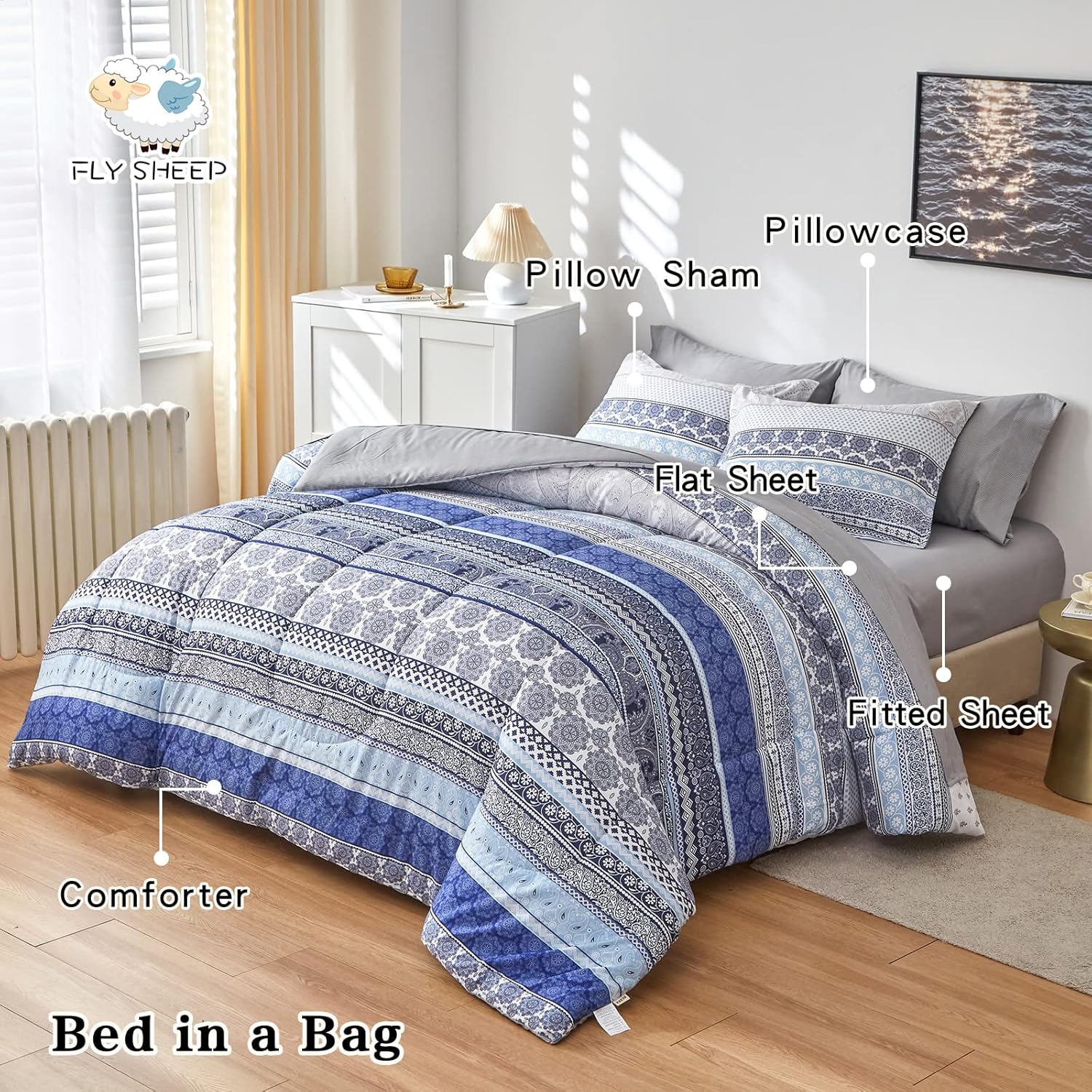 Flysheep Bohemian Striped Bed in a Bag 7 Piece King Size