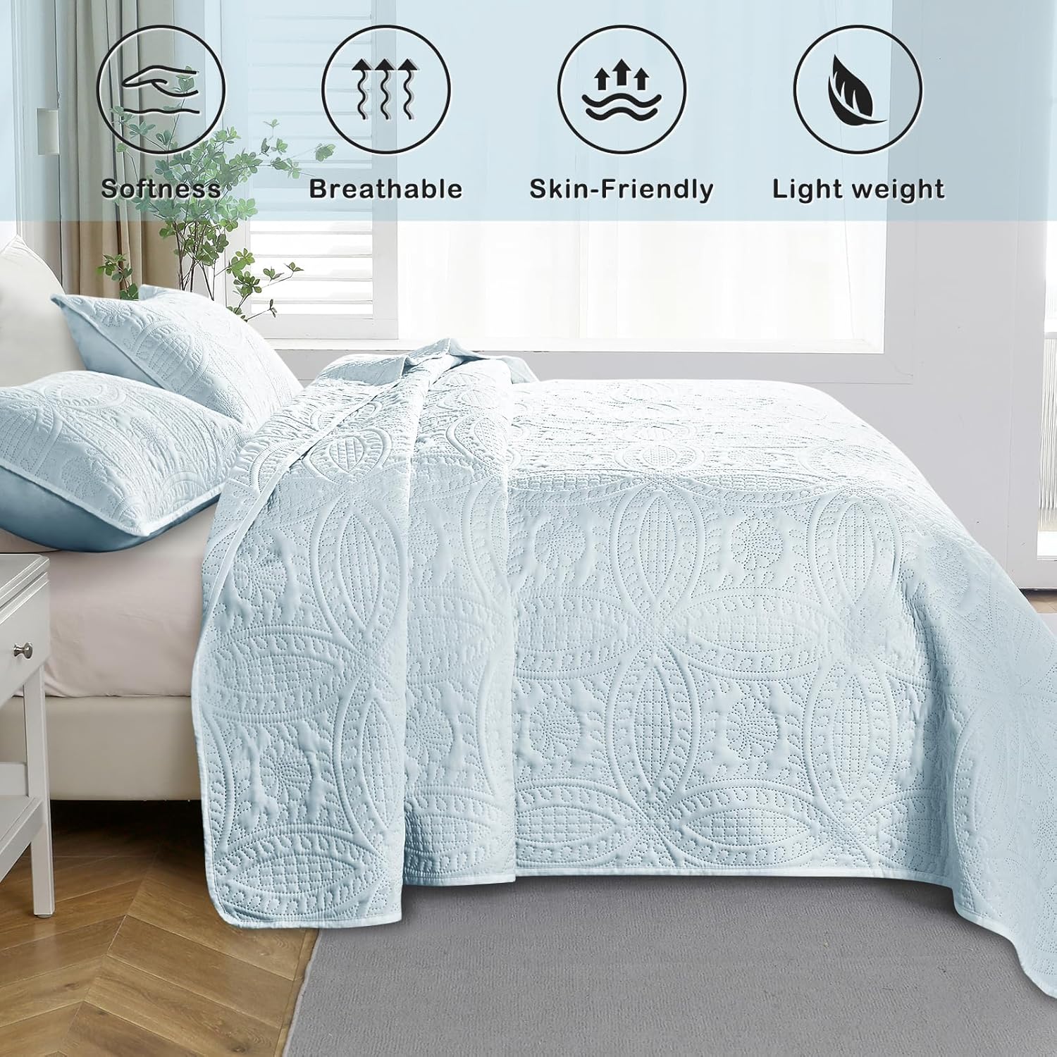 Siyaluens Light Blue Queen Quilt Set with 2 Pillow Shams