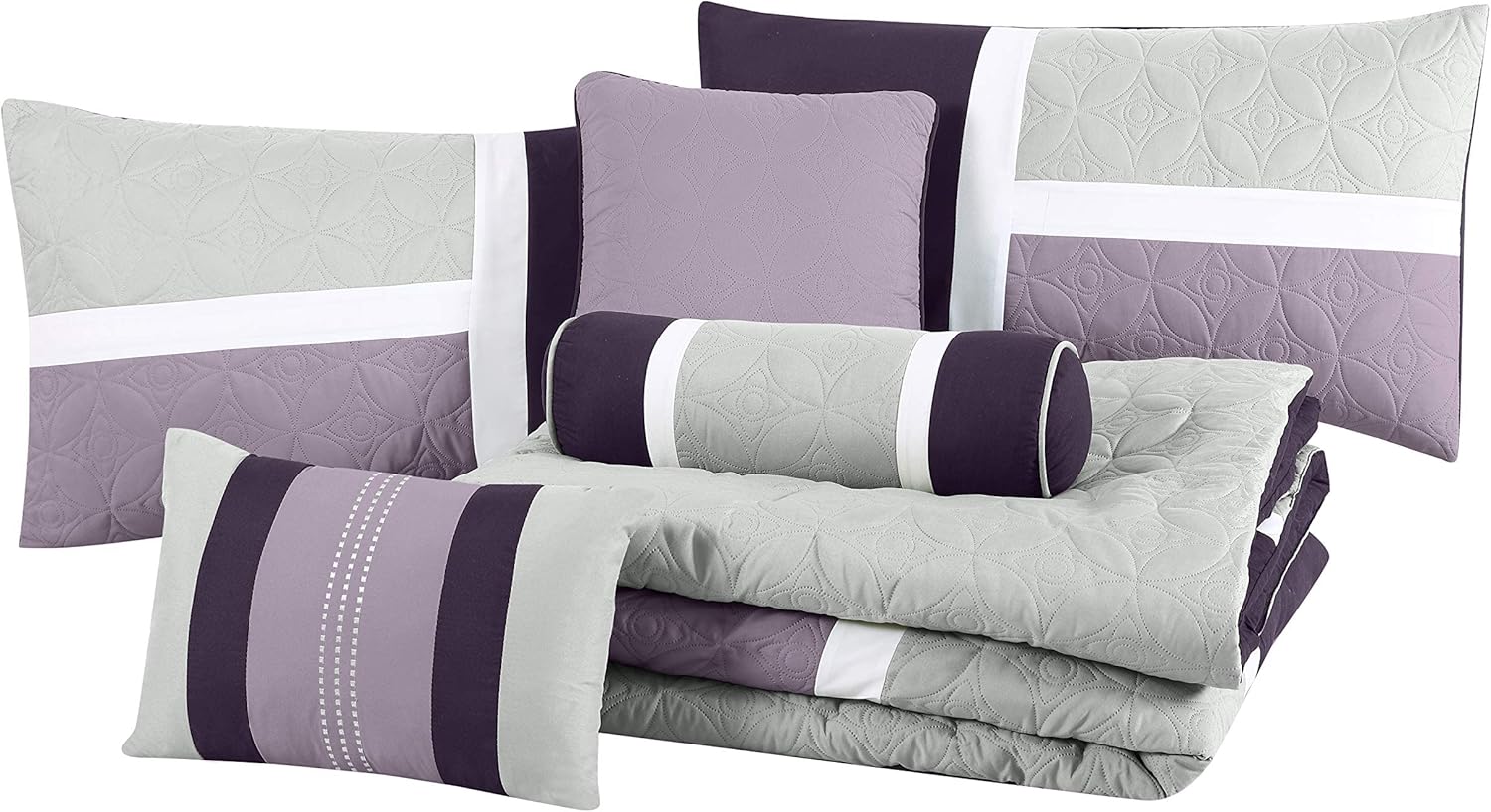 Chezmoi Upland 7-Piece Quilted Comforter Set LavenderGrayPurple California King