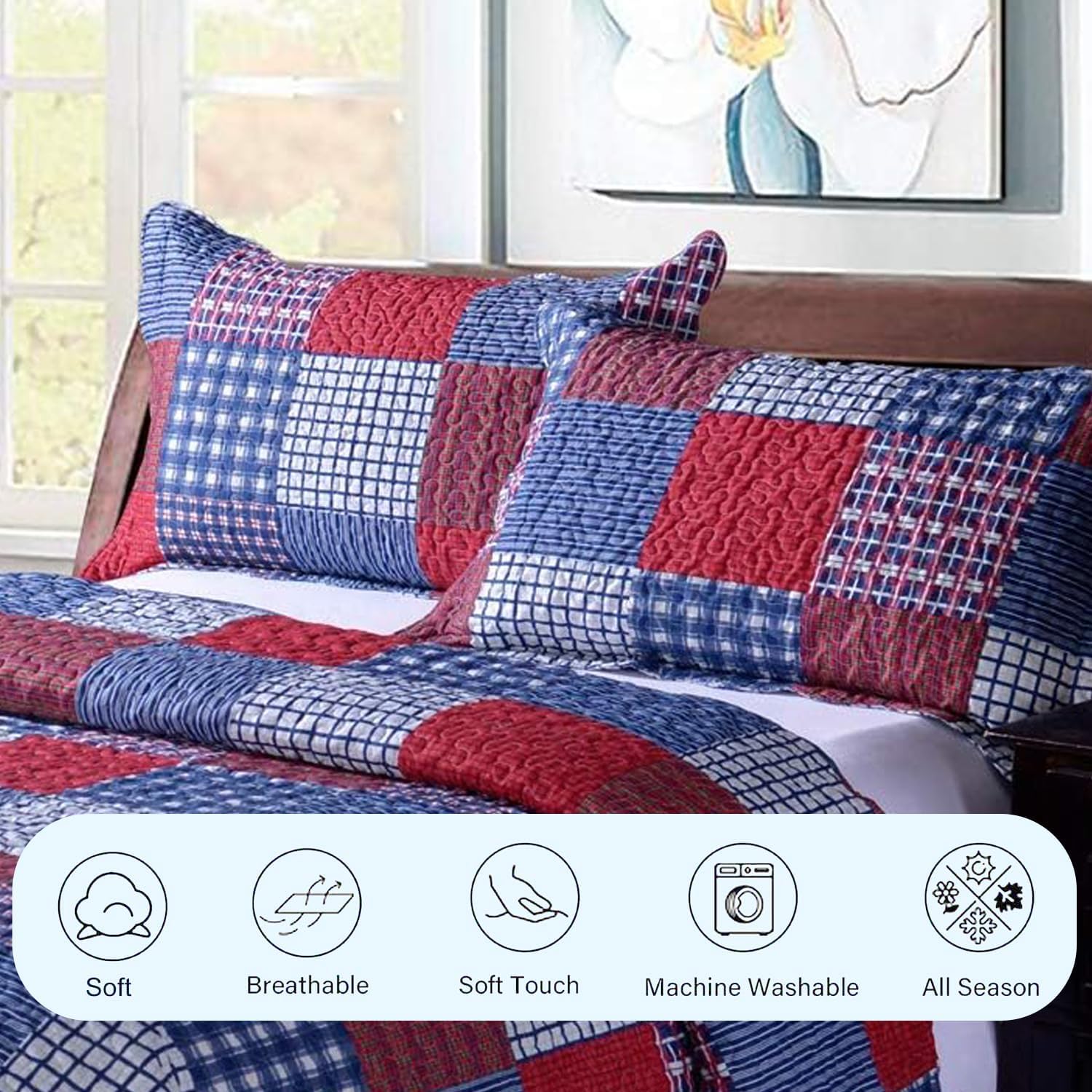 Hailea Red Blue Plaid Quilt Set Twin Size
