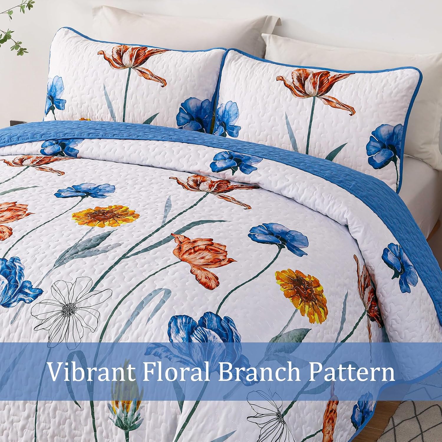 WONGS BEDDING Blue Floral Quilt Set King Size