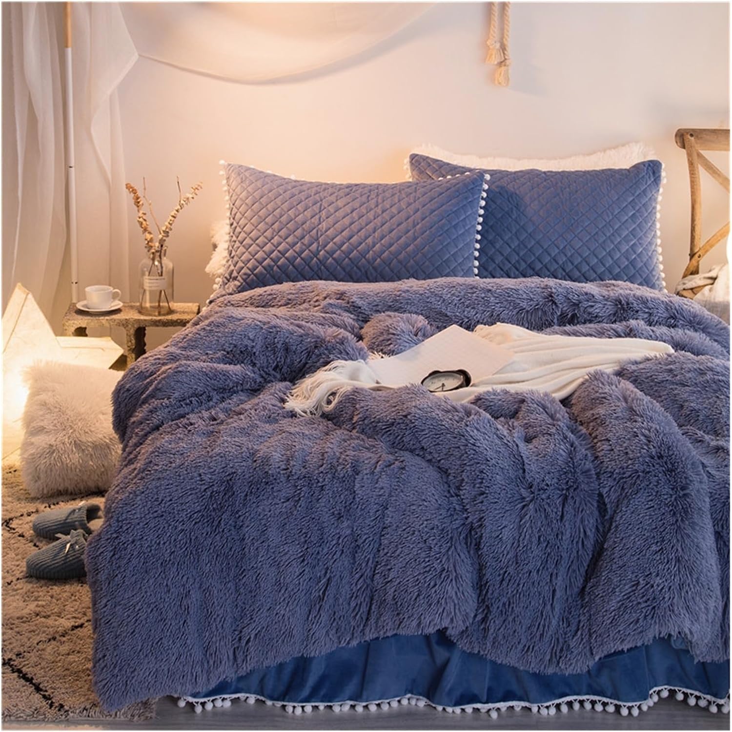 4pcs Blue Super King Green Plush Velvet Duvet Cover Set