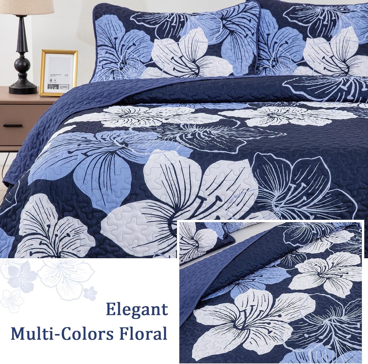 DJY 3 Piece Quilt Set California King Navy Blue Floral Pattern