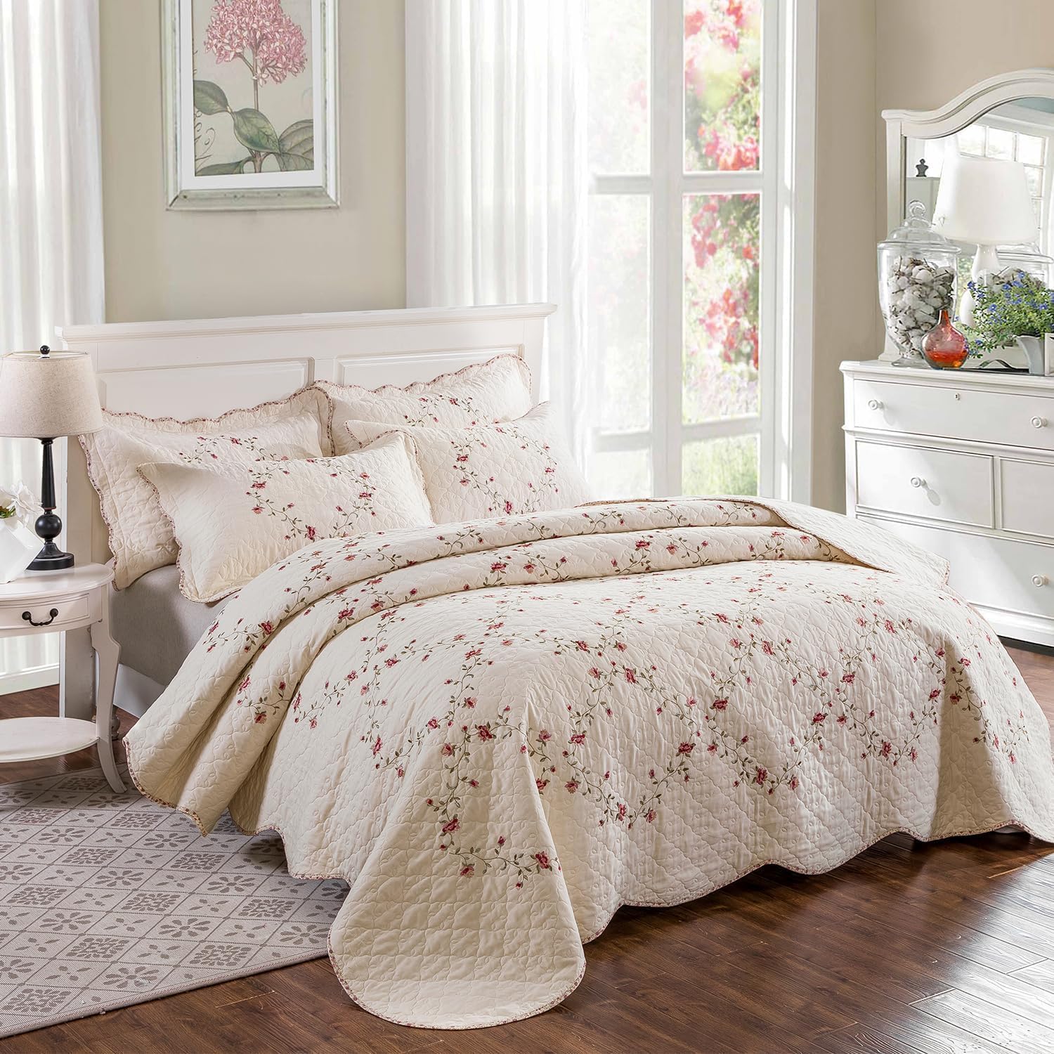 EAVD Floral Embroidered Quilt Set King Size 3 Pieces 1