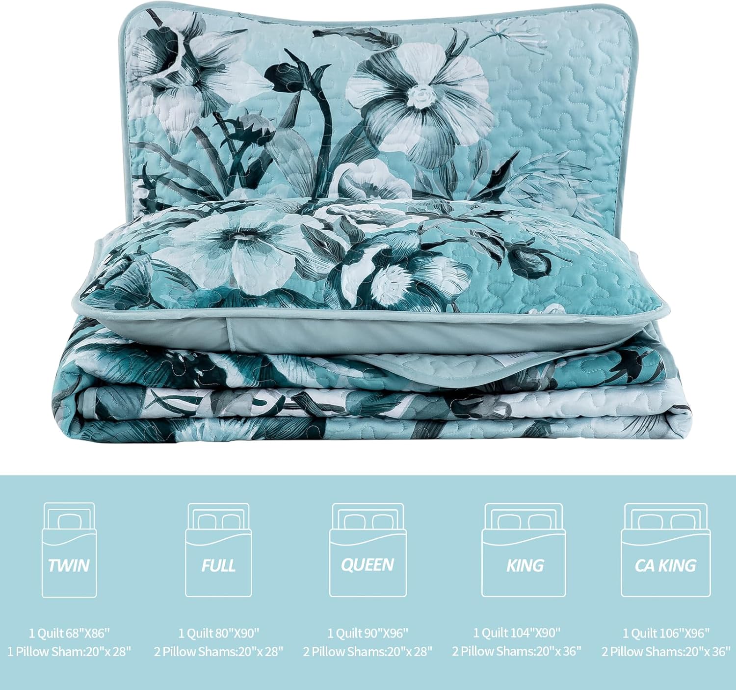 Drucon Blue Floral Quilt Set 3 Piece King Size