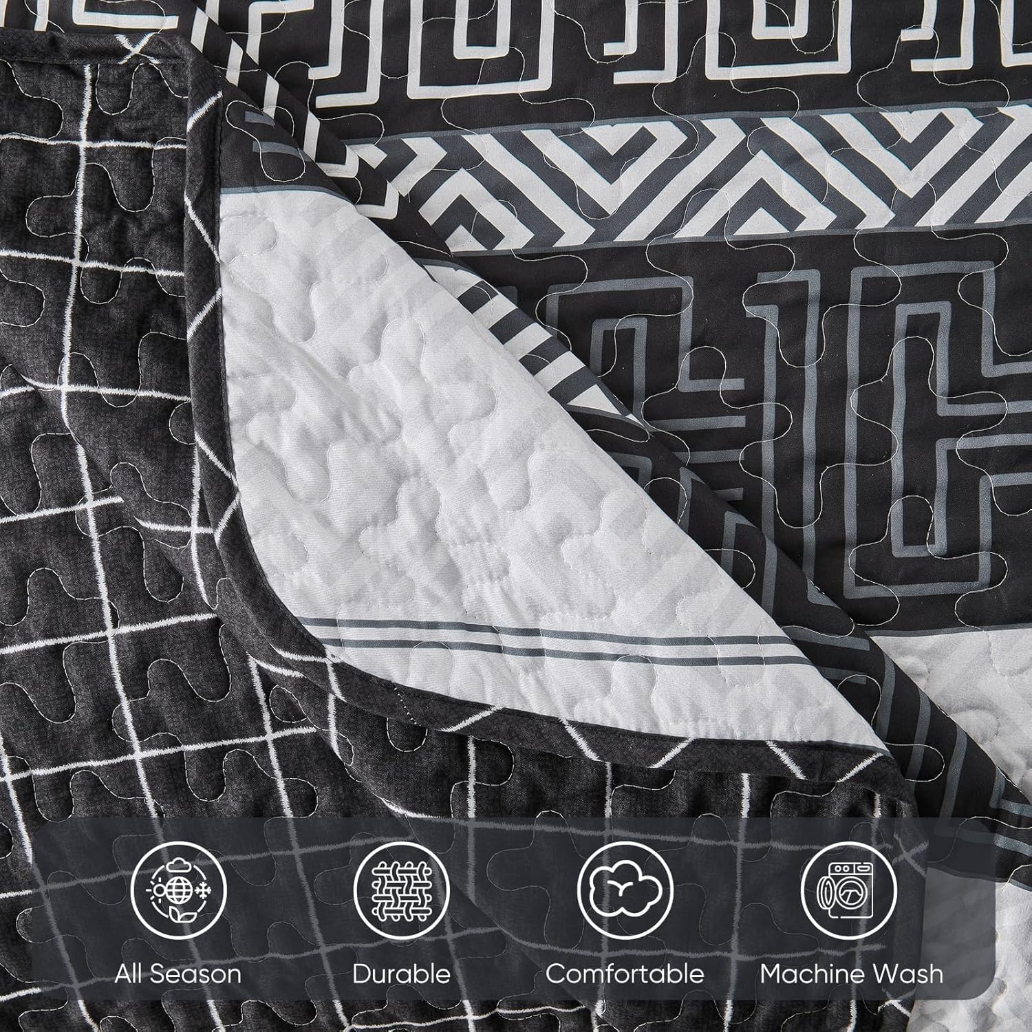 DJY Striped Quilt Set King Size 3 Pcs Black White