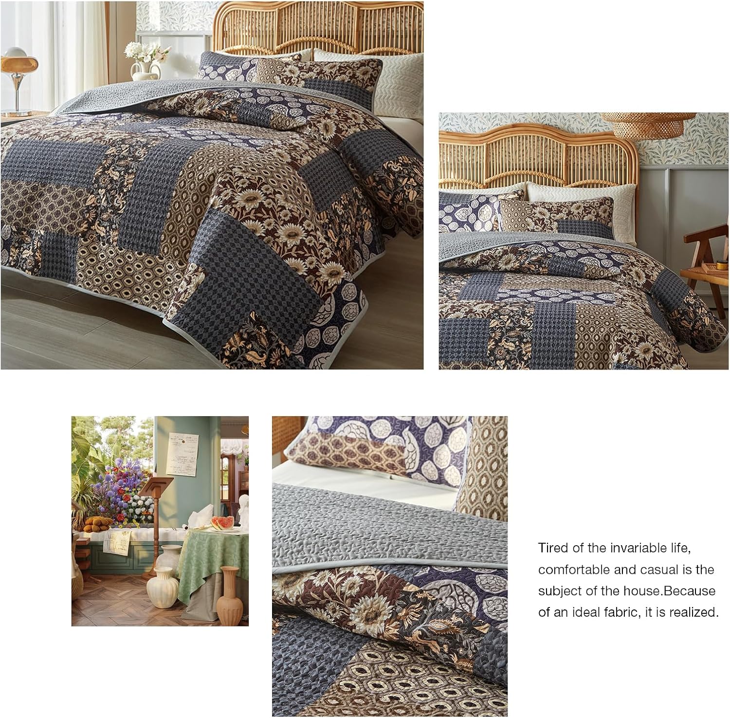 ROOMLIFE Twin Quilt Set - 3-Piece Cotton Boho Bedding