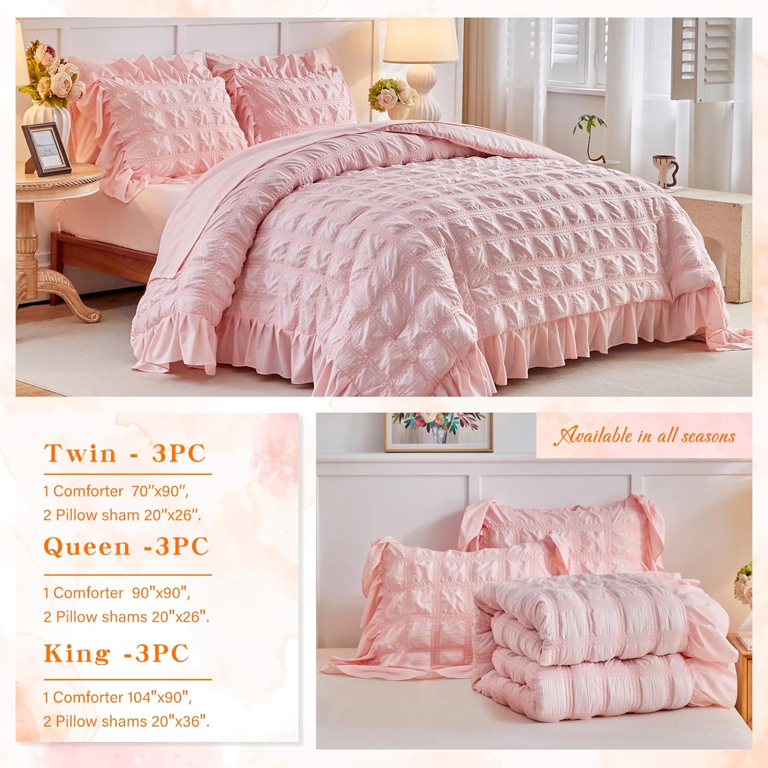 Tititada Blush Pink Plaid Seersucker Comforter Set
