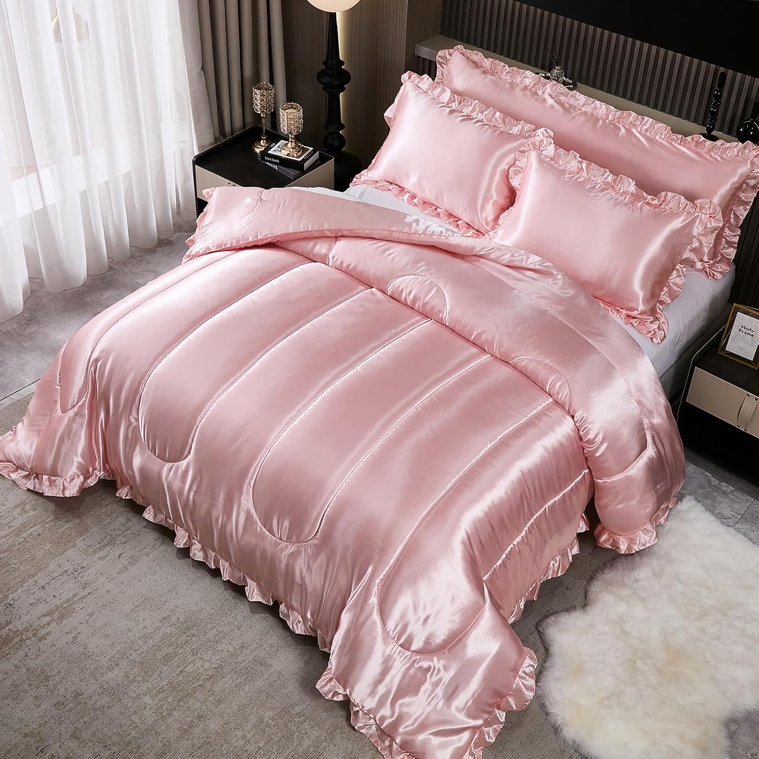 Satin Comforter Set with Ruffle and Pillow Covers