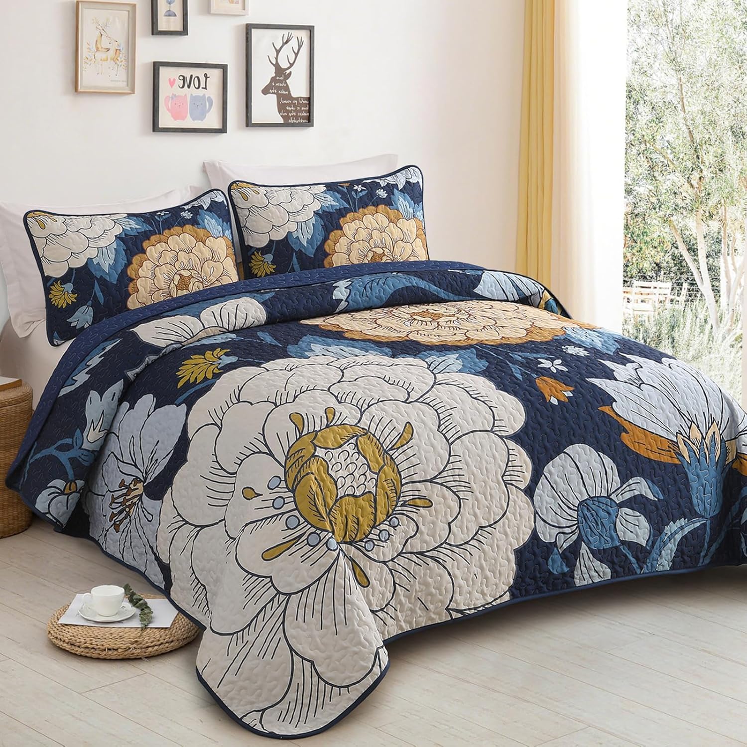 DJY Navy Floral Quilt Set 3 Piece Boho