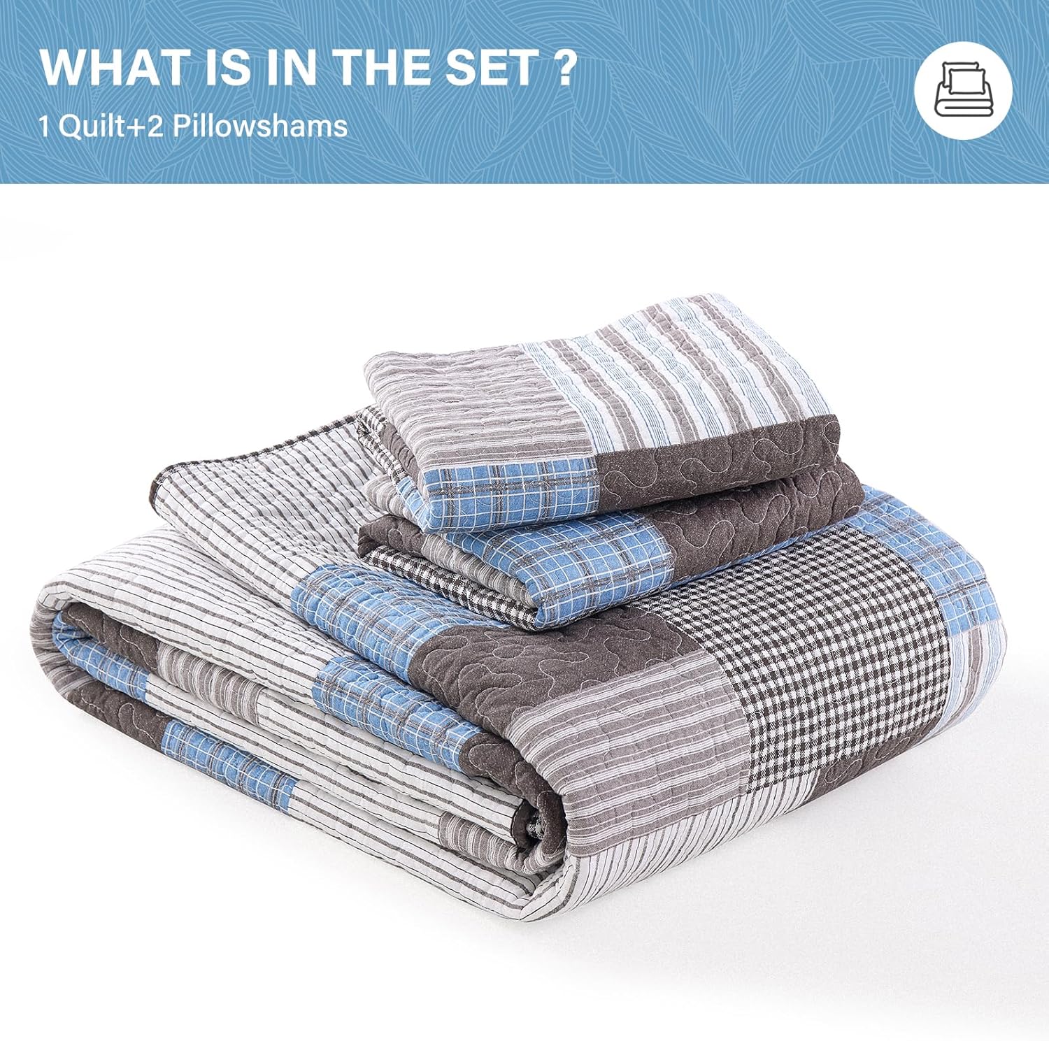 SahSahCasa King Size Quilt Set 3Pcs Taupe Blue White