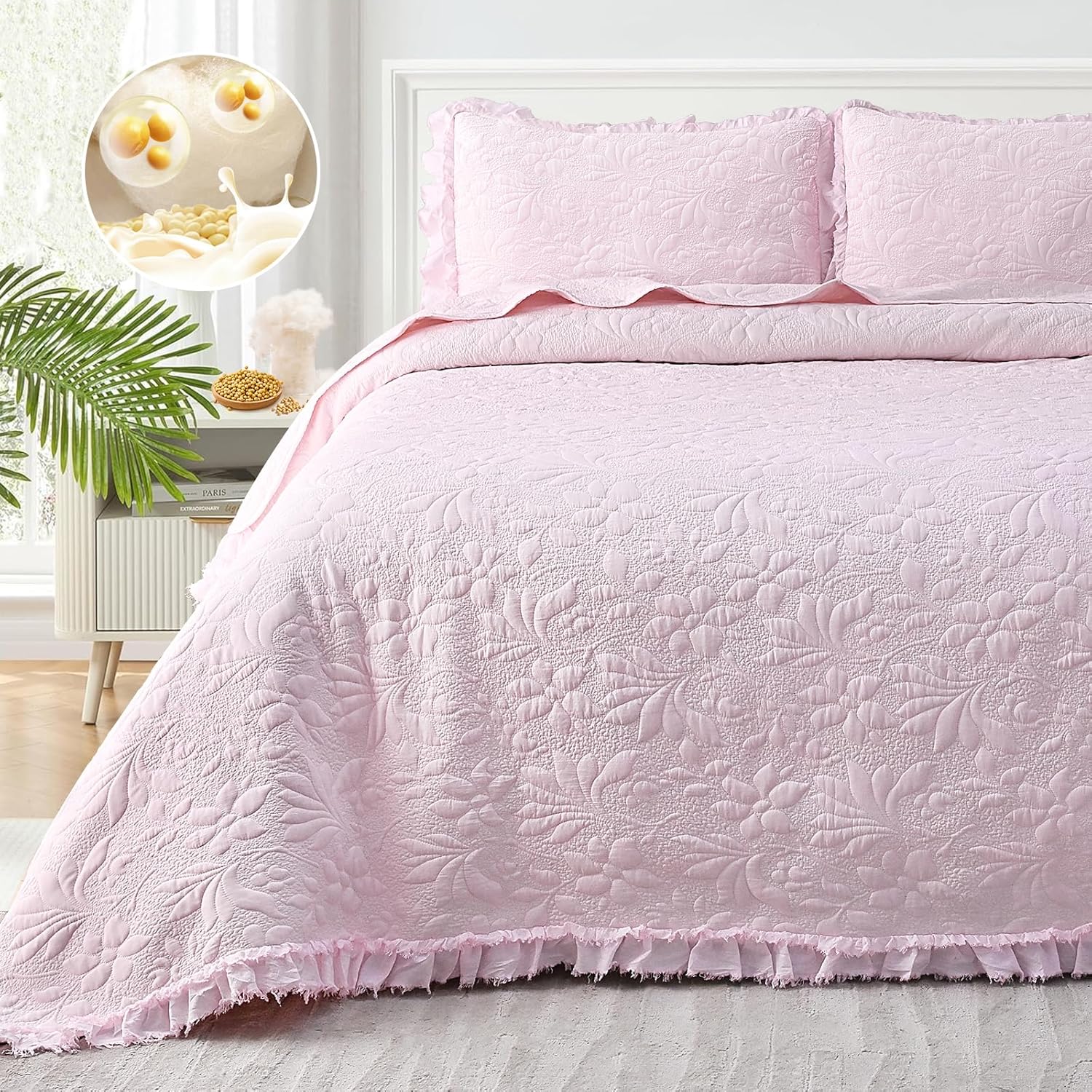 Uspring Pink Ruffled Floral Queen Comforter Set 3 Piece