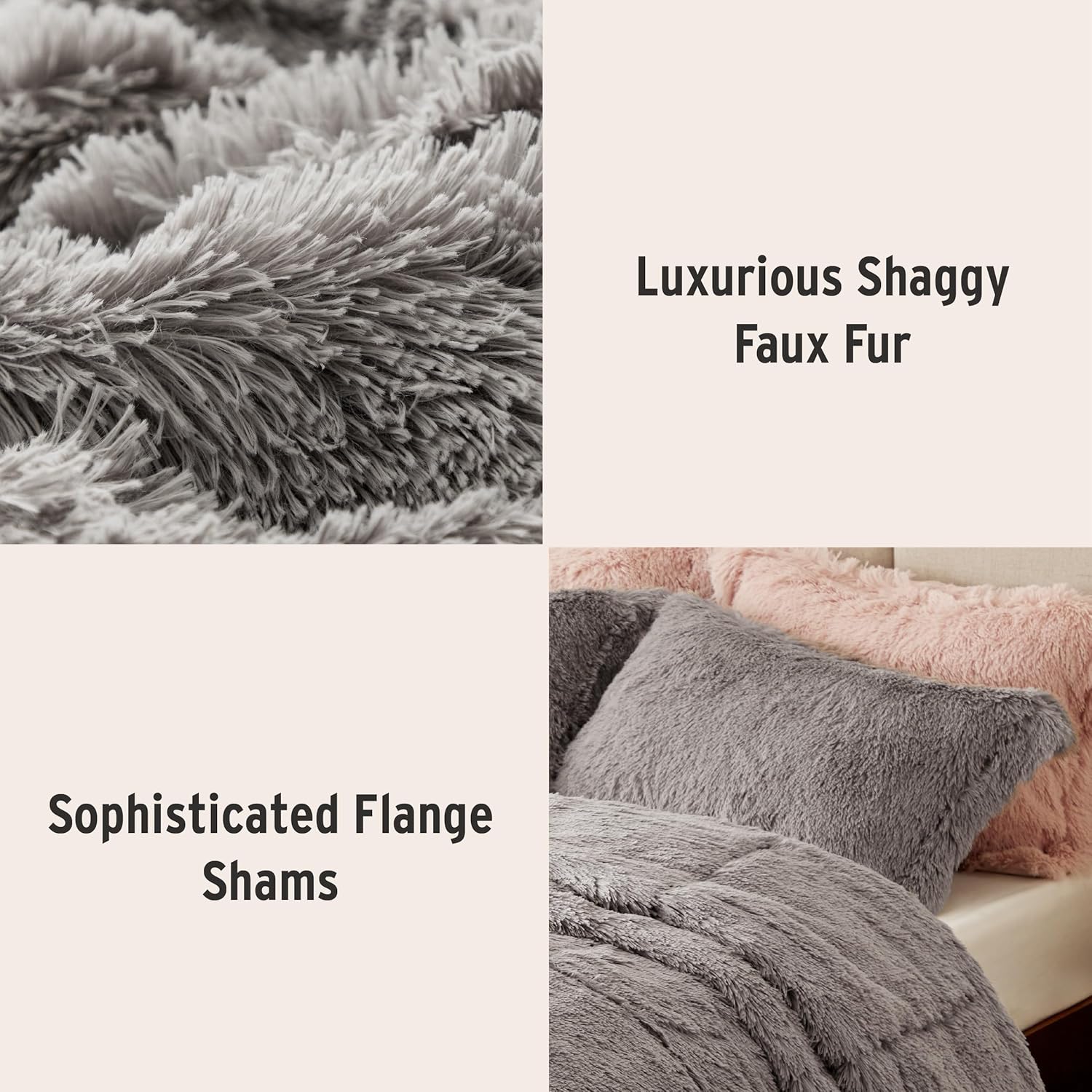 Intelligent Design Shaggy Comforter Set Faux Fur Down Alternative Grey 3 Piece