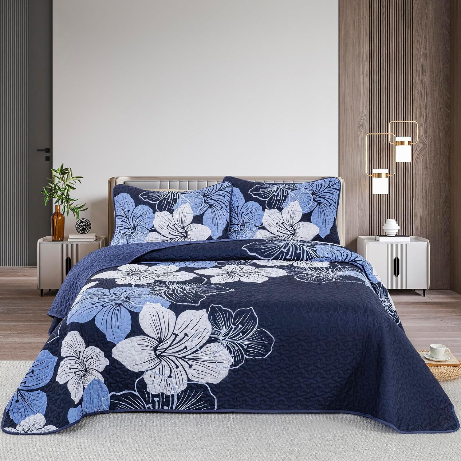 DJY 3 Piece Quilt Set California King Navy Blue Floral Pattern