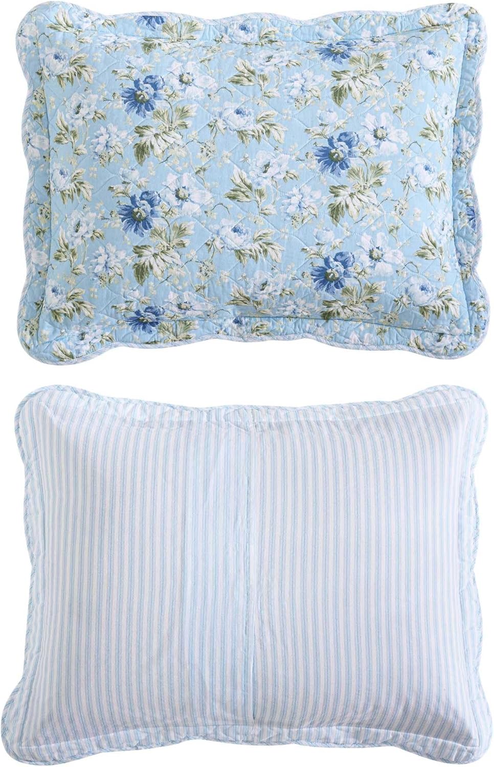 Laura Ashley Quilt Set with Scalloped Edges Peony Garden Blue FullQueen
