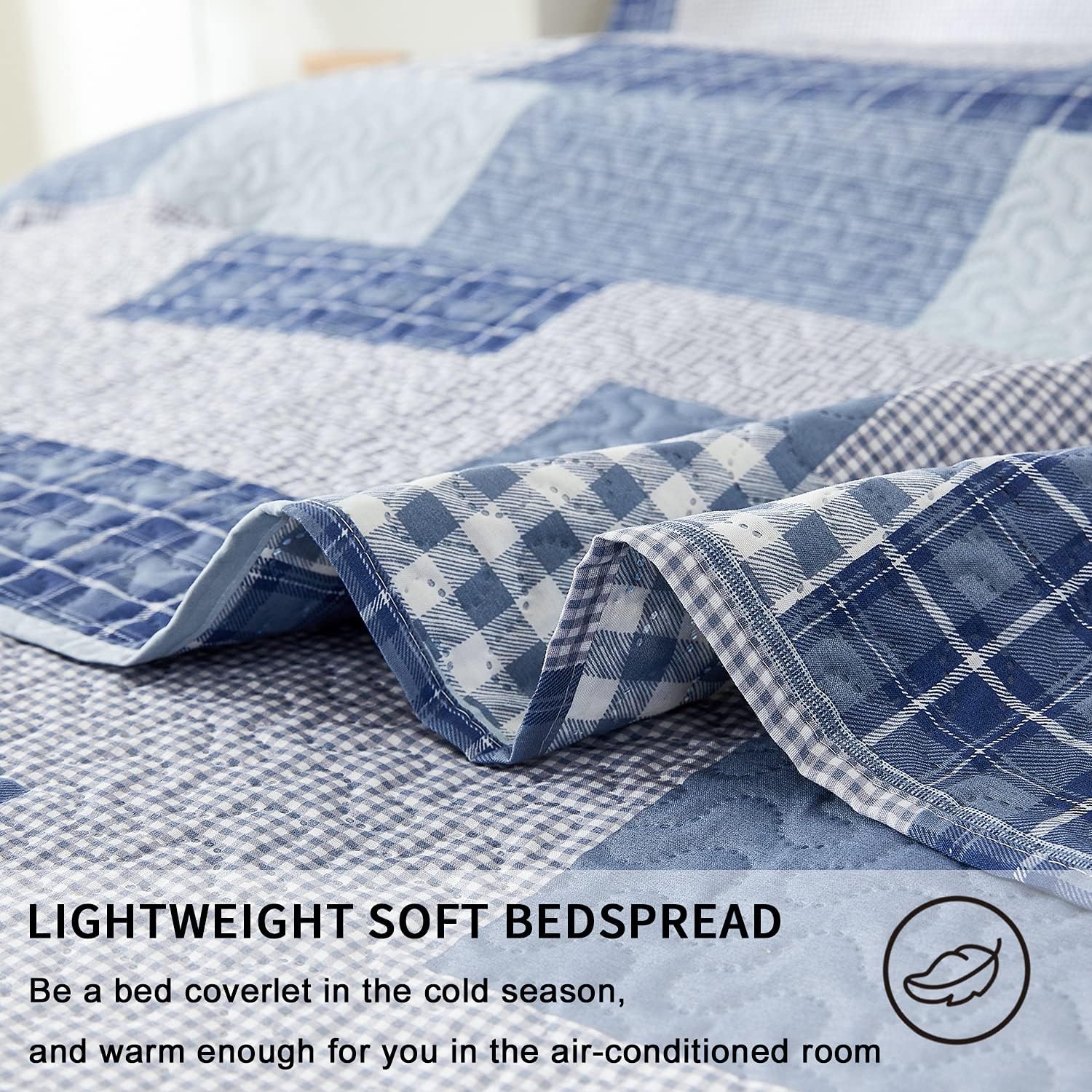 Jarson Light Blue Plaid Quilt Set 3Pcs King Size Reversible