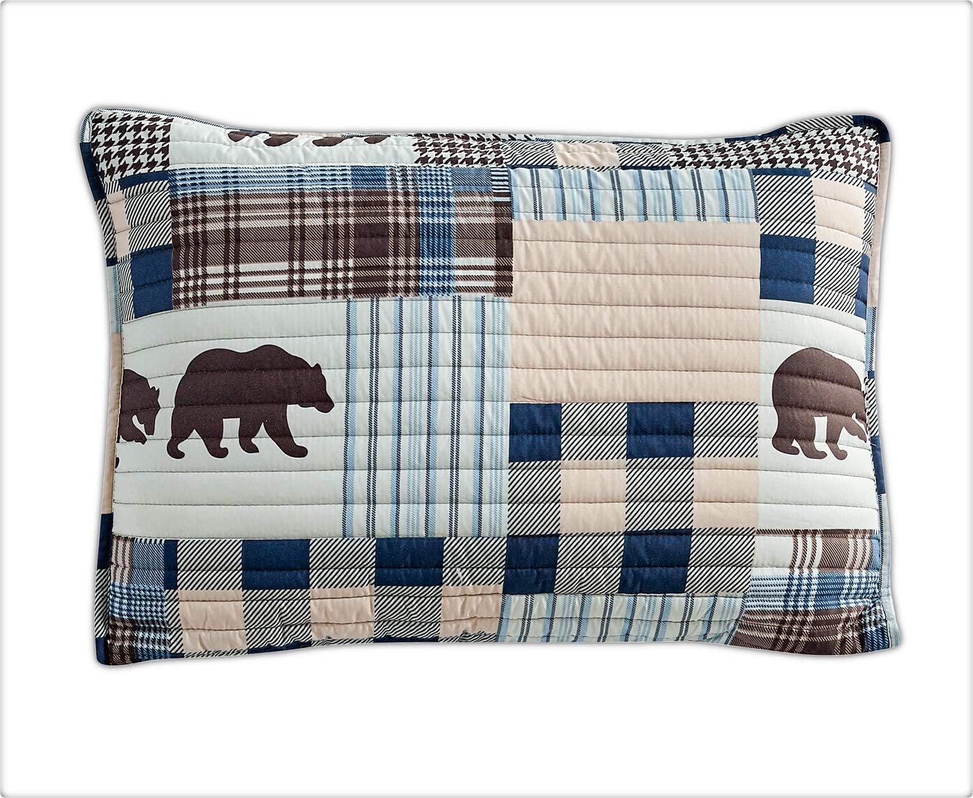 Rustic Farmhouse Bedspread Set with Grizzly Bear Buffalo Plaid Patterns - Twin