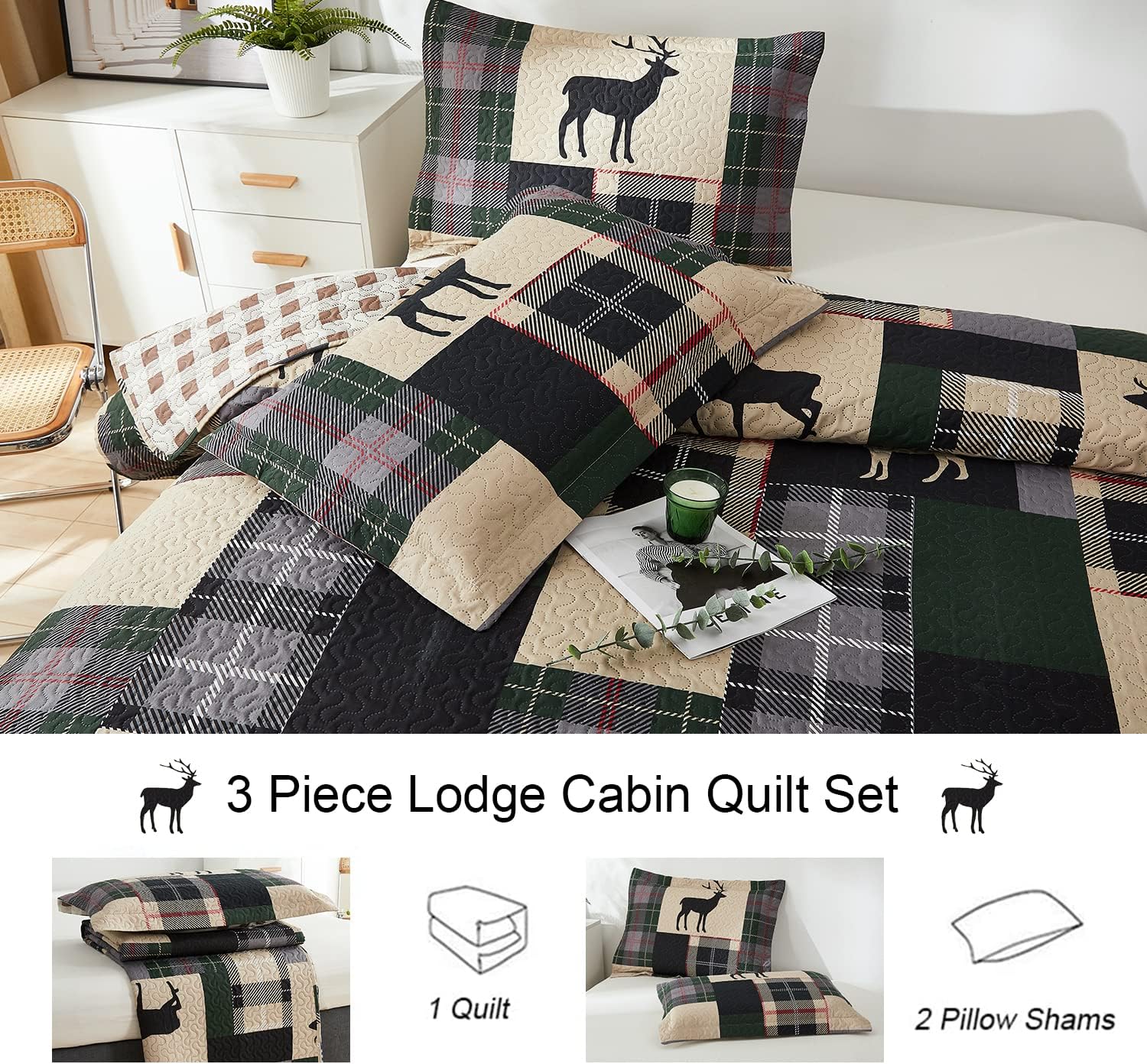 Ycosy Moose Deer Quilt Set Twin Size Reversible Bedspread 1