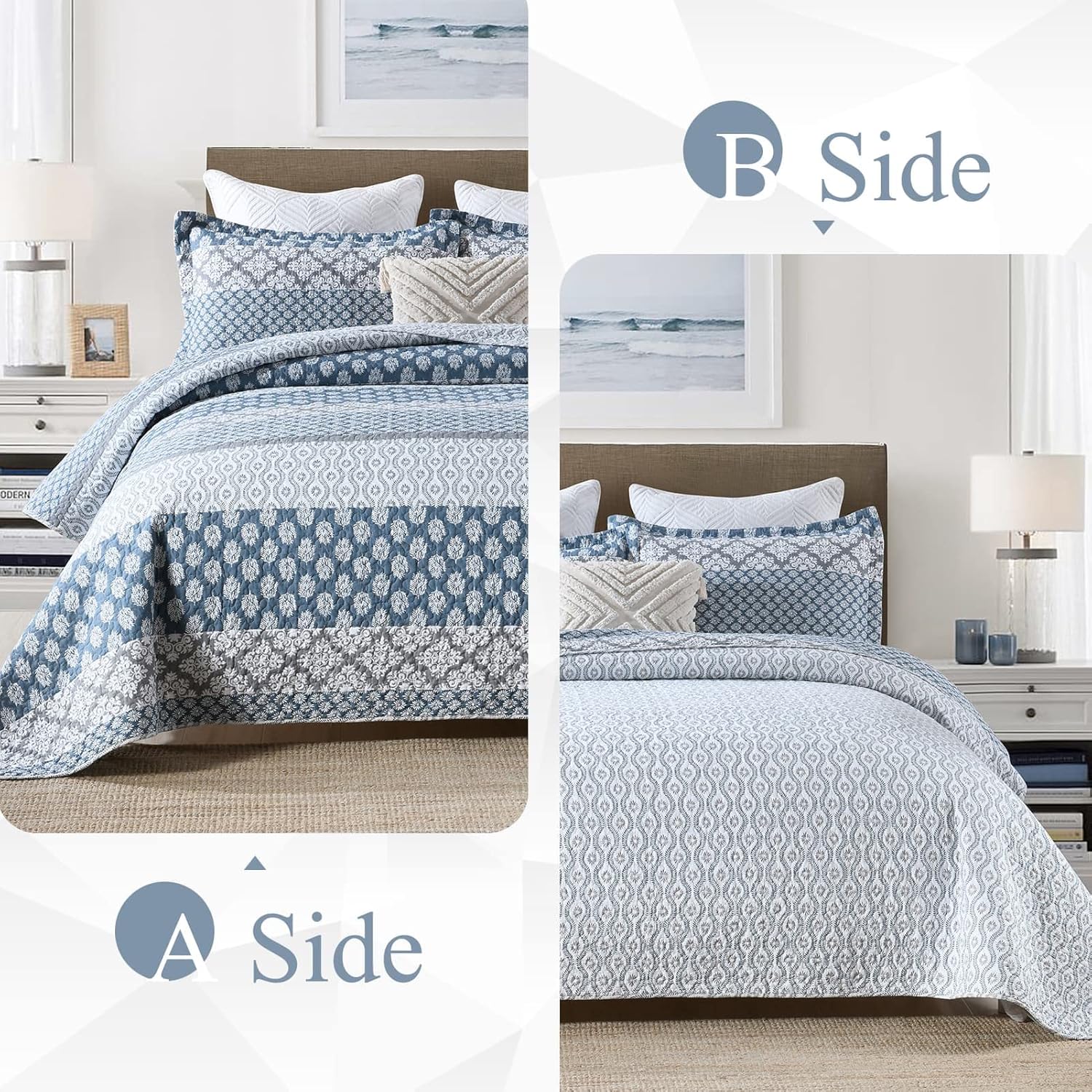 DDUOXIN Floral Quilt Set - Reversible Cotton King Quilt with 2 Pillow Shams