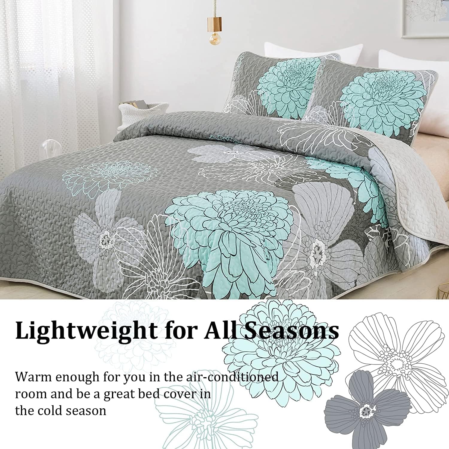 Yiran Grey Aqua Floral Queen Quilt Set 3pcs