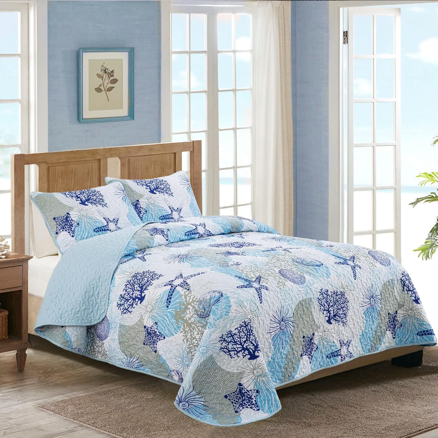 Dinjoy Coastal Quilt Set Queen Size Blue Ocean Theme