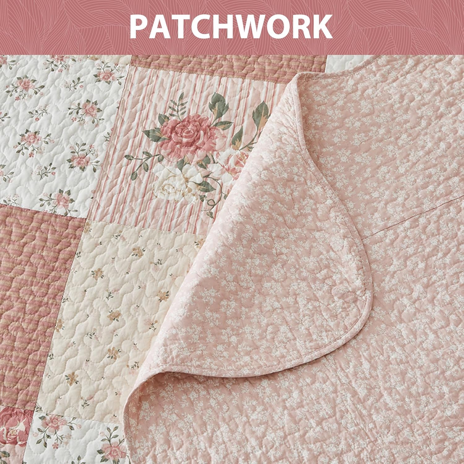 SahSahCasa 128x120 Cotton Patchwork Bedspread Set - Floral Cal King Quilt