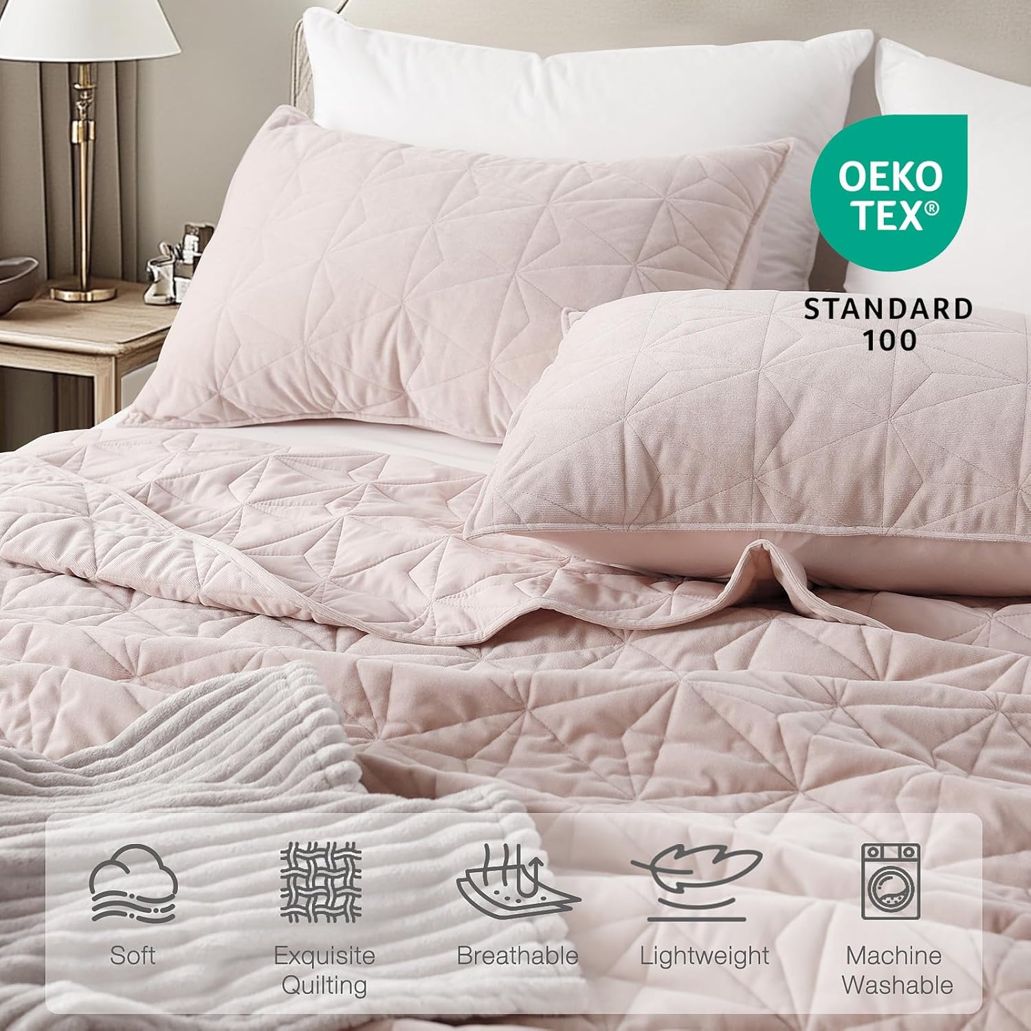 Luxury Velvet Oversized California King Quilt Set Rose Pink
