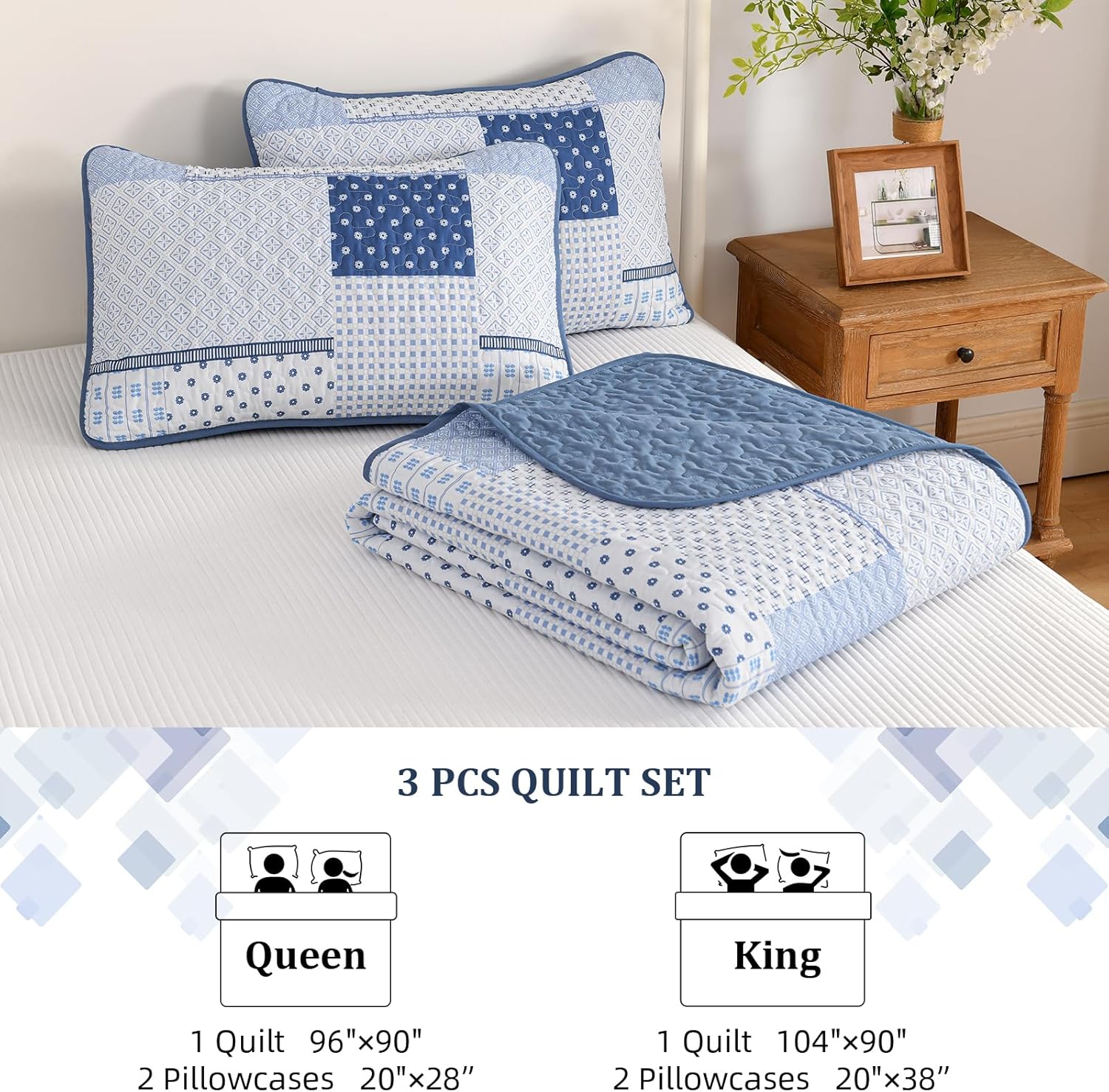 WONGS BEDDING 3 Piece Queen Quilt Set with Patchwork Plaid Design