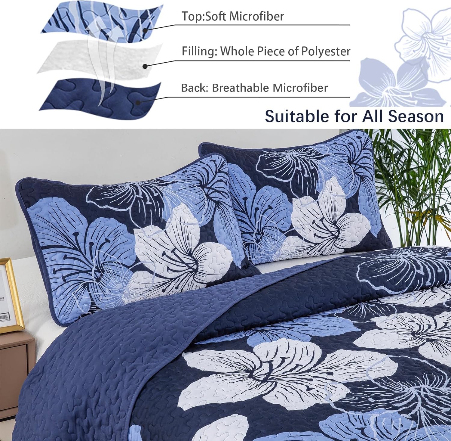 DJY 3 Piece Quilt Set California King Navy Blue Floral Pattern