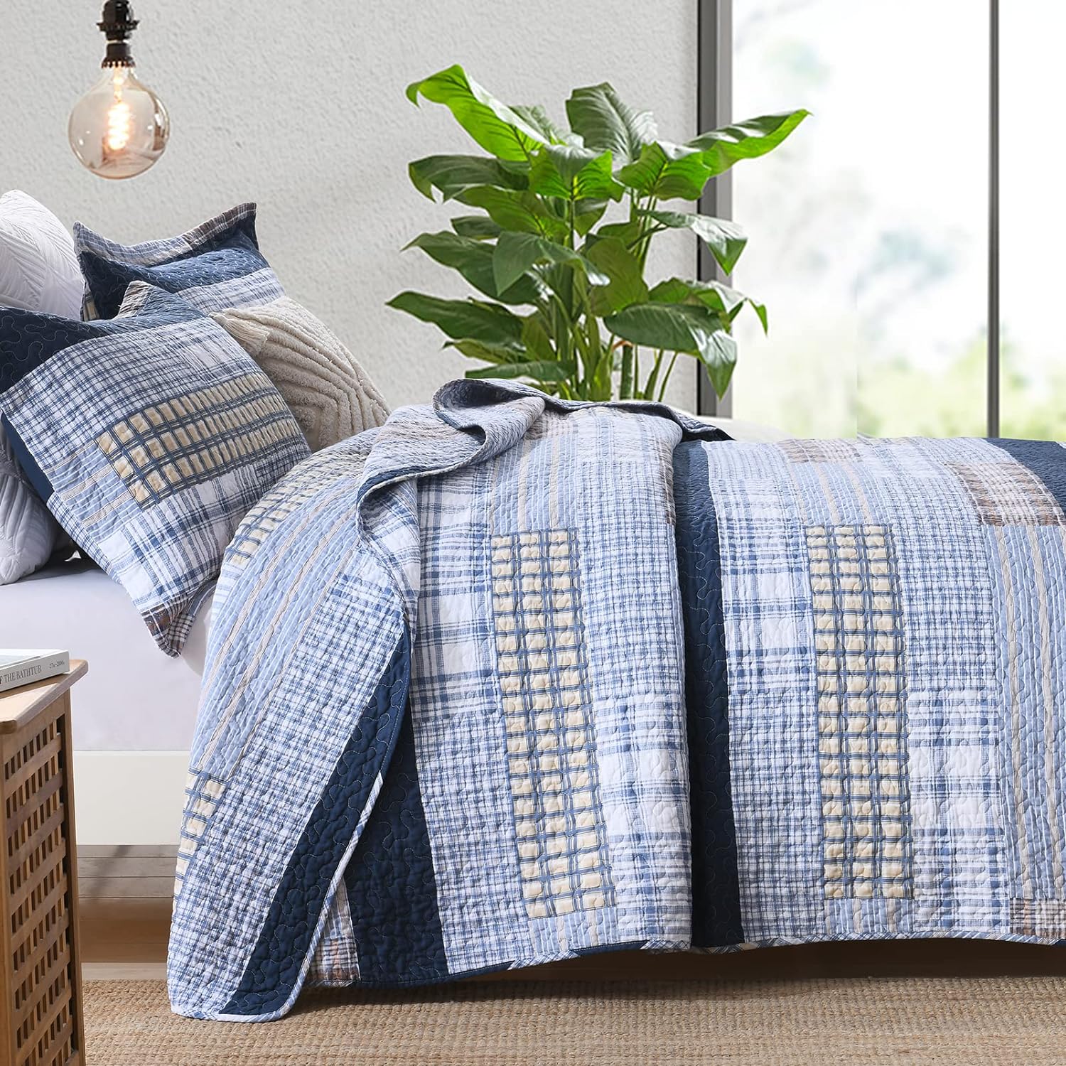 SahSahCasa Queen Quilt Set 3PCS 100 Cotton Plaid