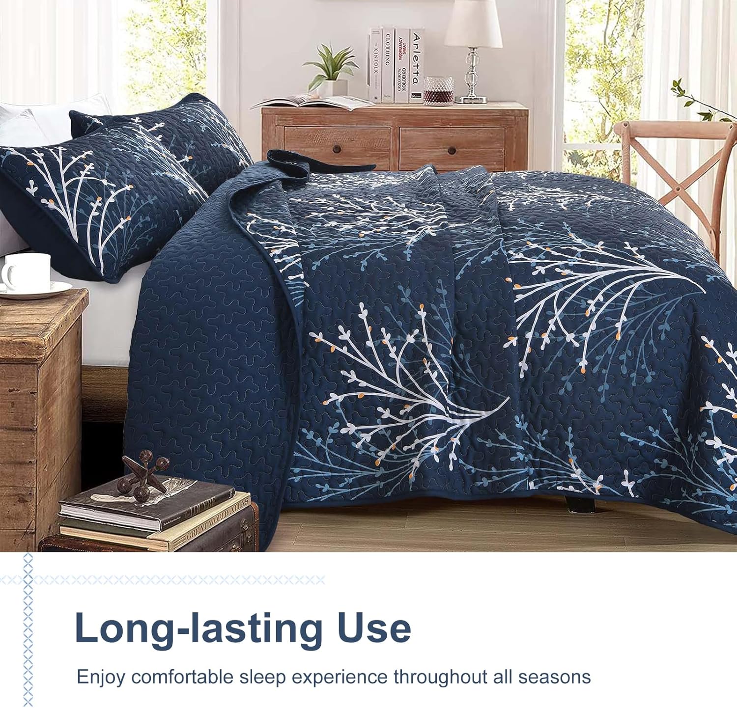 Navy Queen Quilt Set with Reversible Floral Design