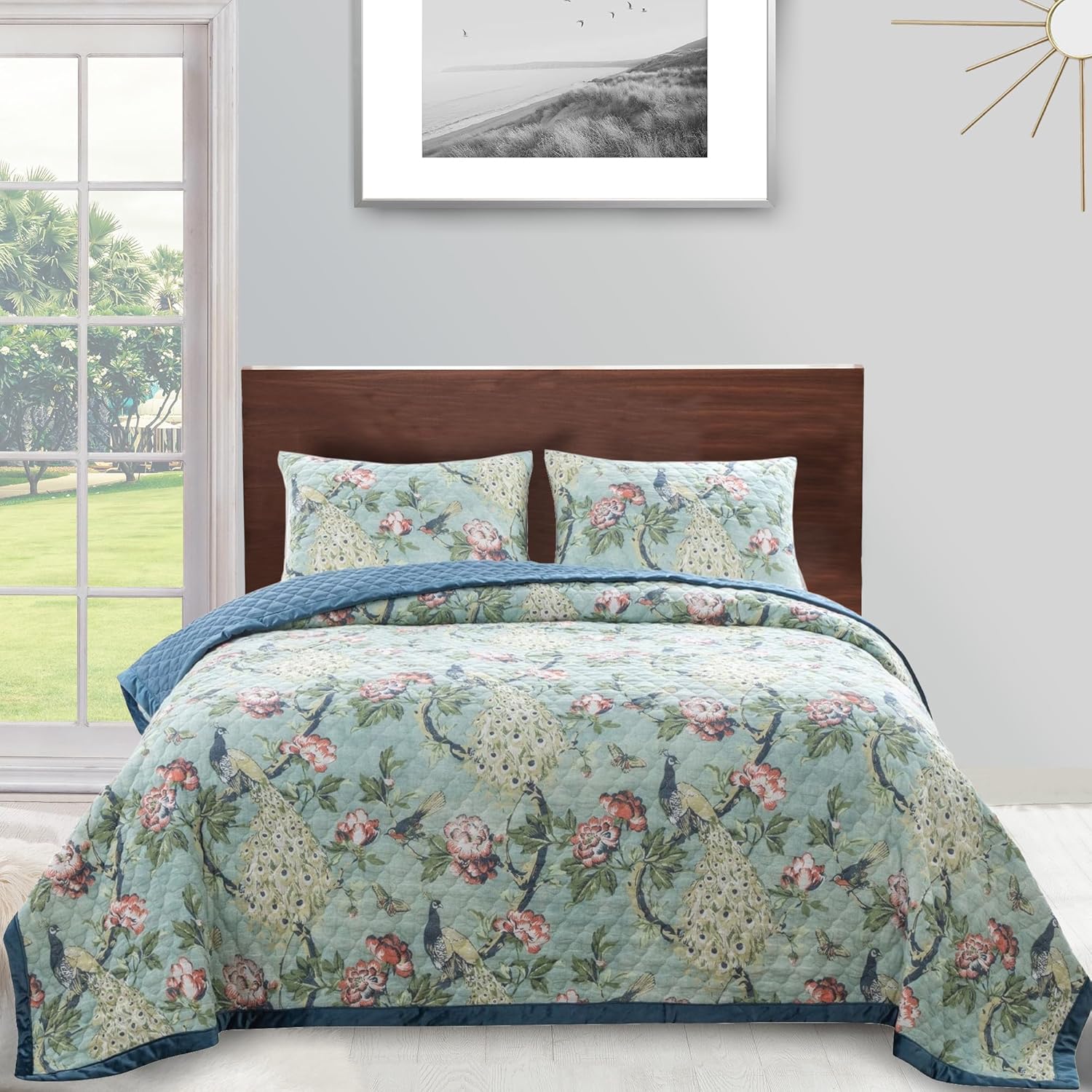 Benjara Eden Twin XL Quilt Set Peacock and Songbirds Microfiber Green and Blue