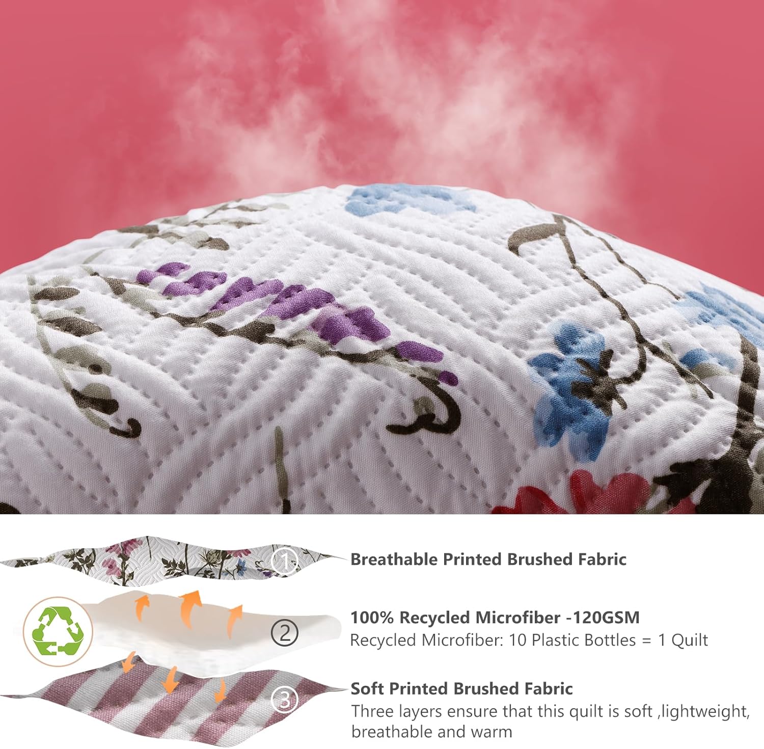 GOONE Reversible Floral Quilt King Set 3 Piece