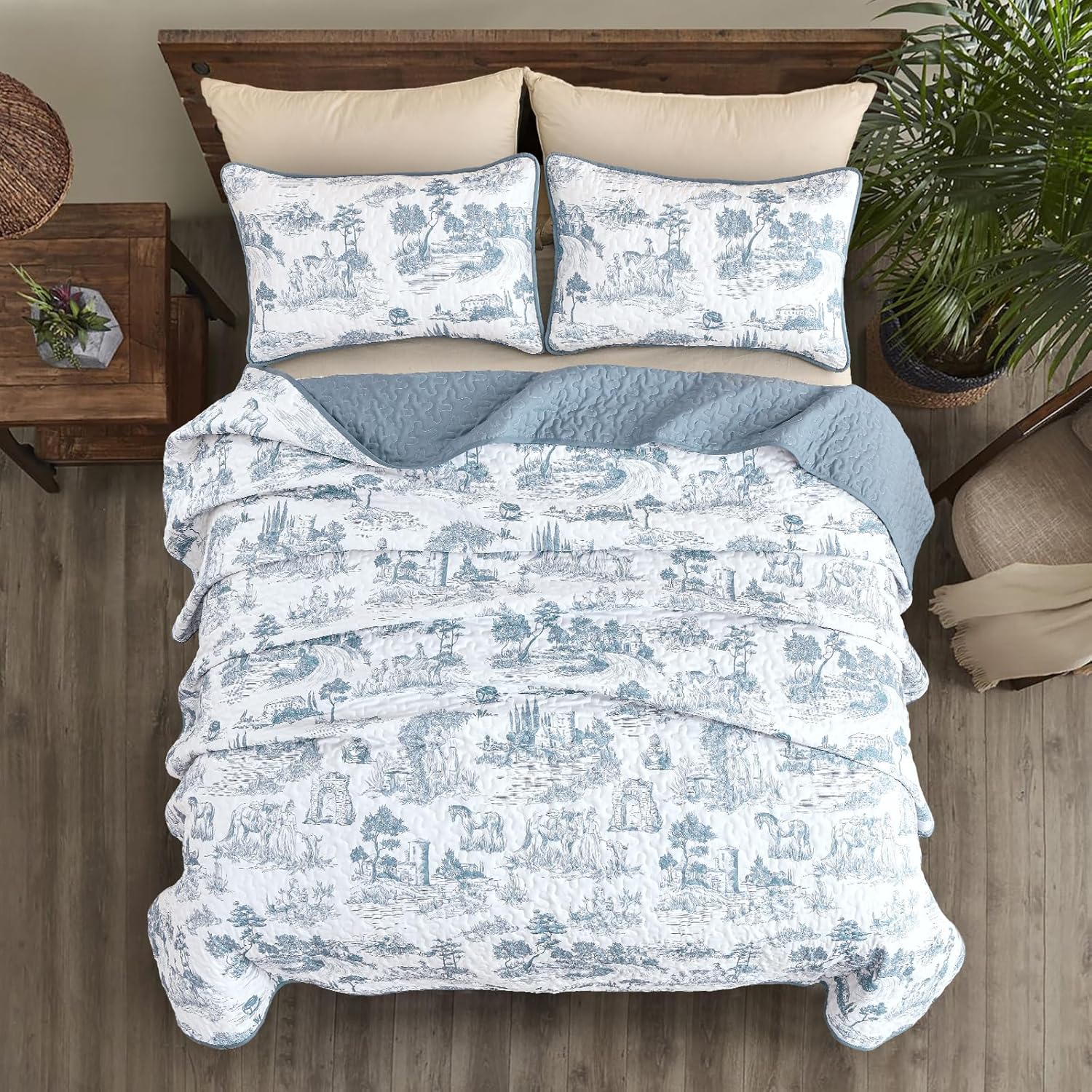 Drucon Blue Quilt Set King Size 3 Pieces Farmhouse Design