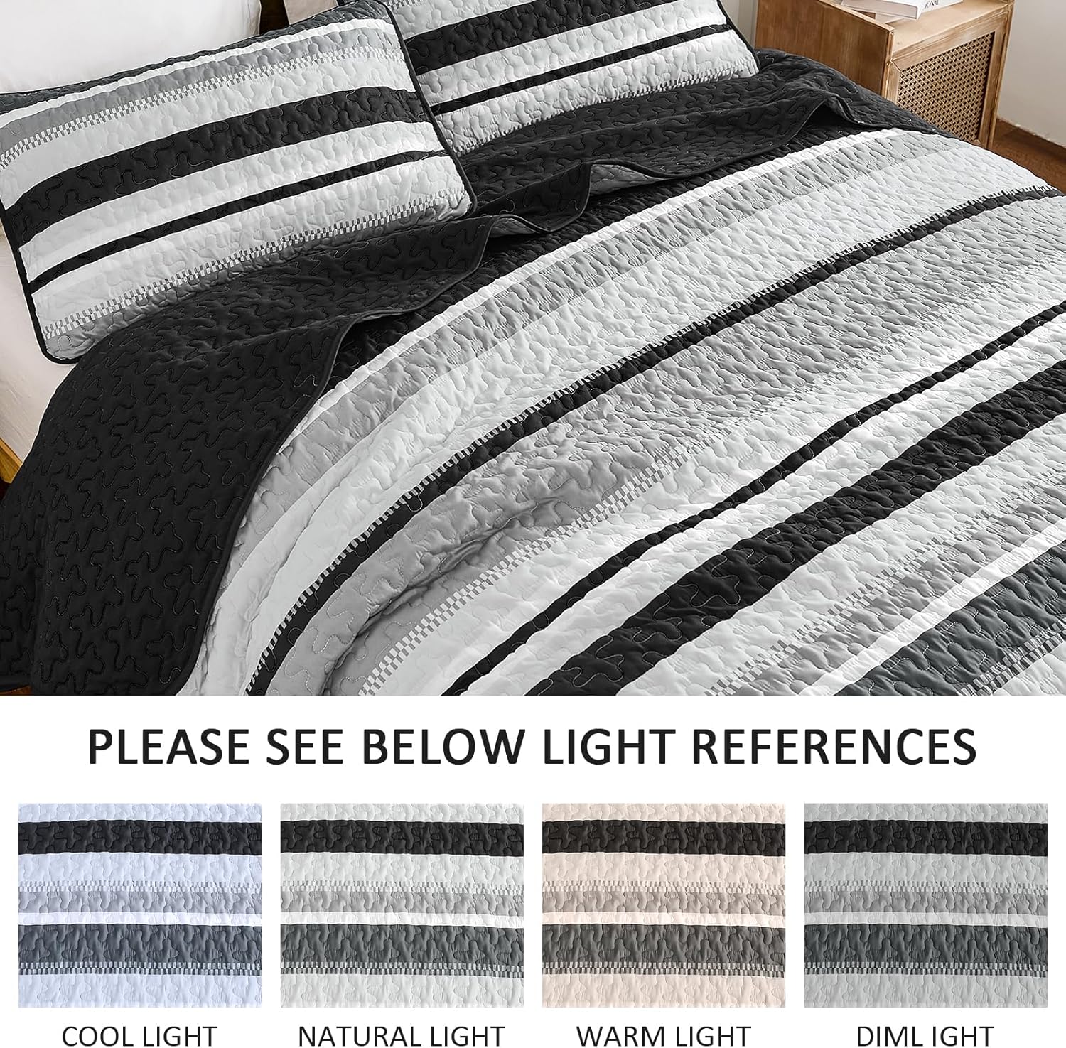 Wongs Bedding King Quilt Set 3 Pieces Black Striped Bedspread Coverlet with Shams