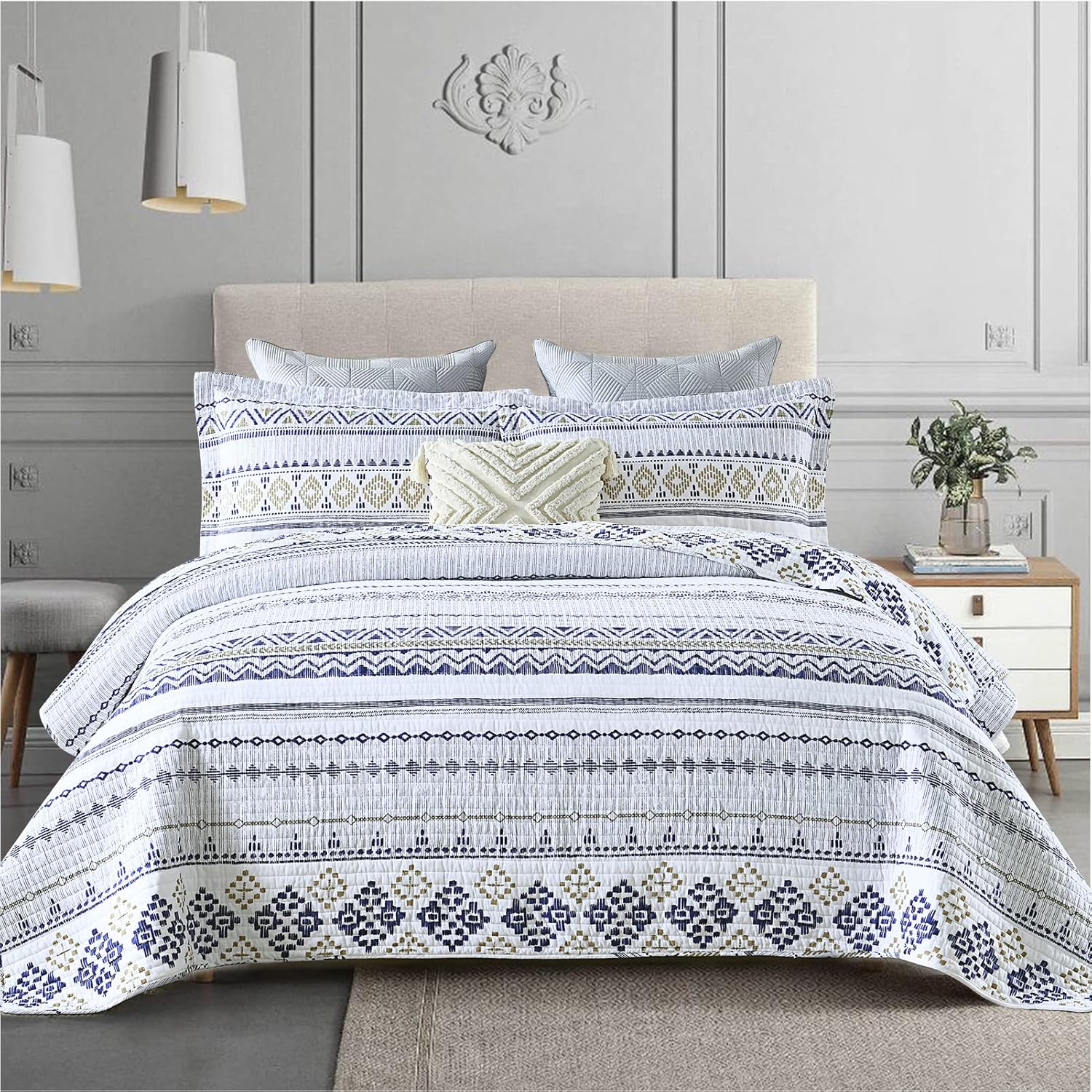 Finlonte Boho Quilt Set Queen Size 3 PCS White Navy Striped