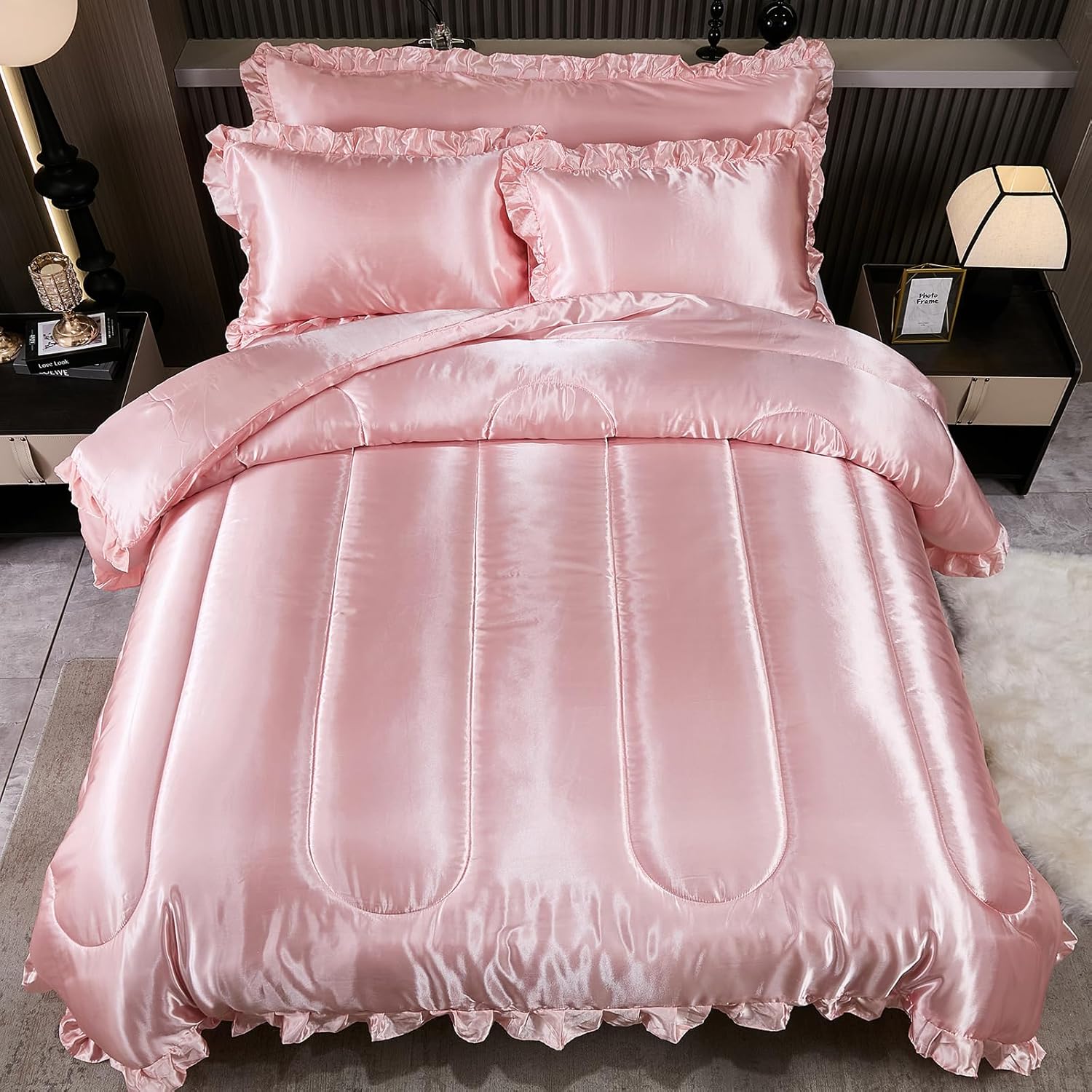 Satin Comforter Set with Ruffle and Pillow Covers