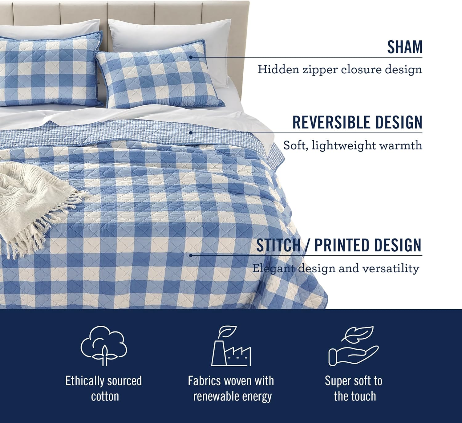 IZOD 100 Cotton Percale Quilt Set Reversible Twin Bedding Blue Gingham