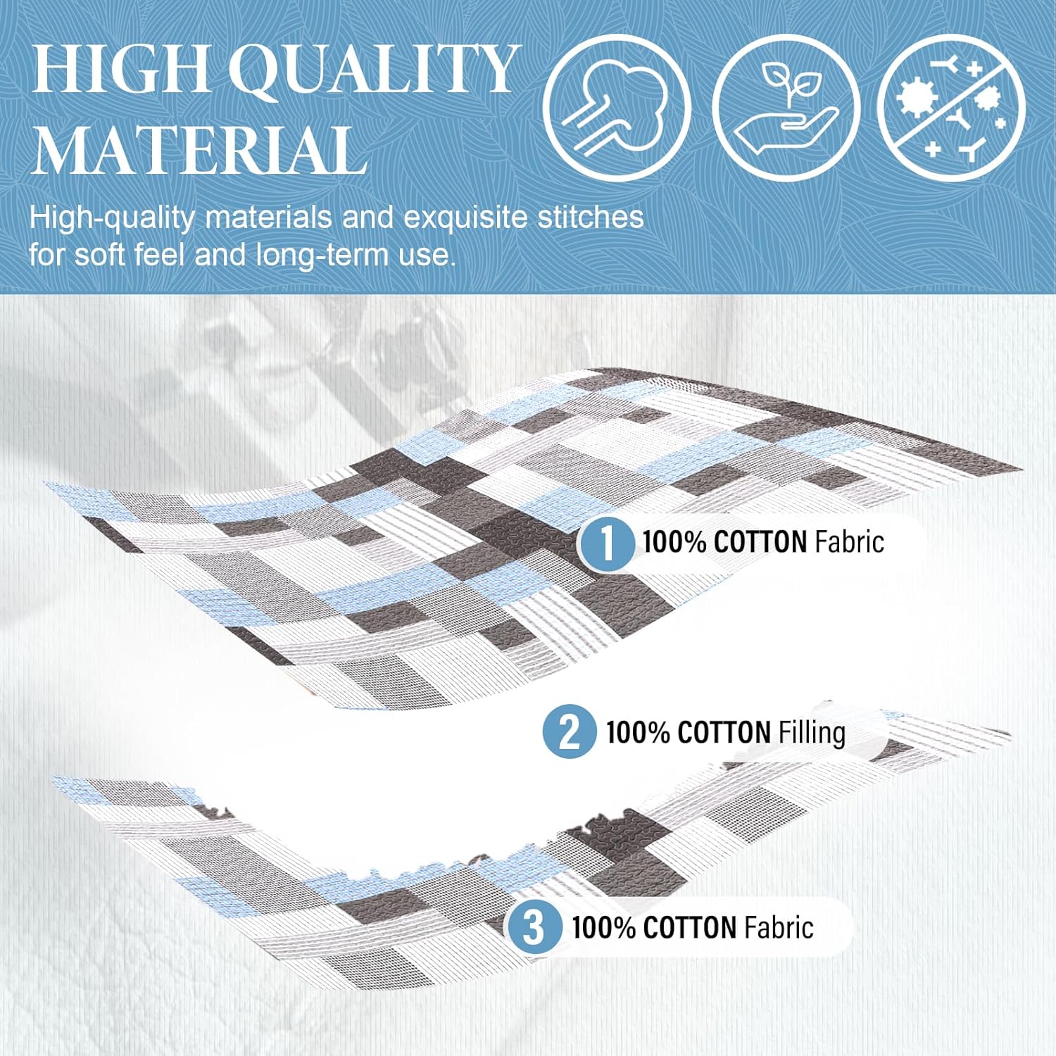 SahSahCasa King Size Quilt Set 3Pcs Taupe Blue White