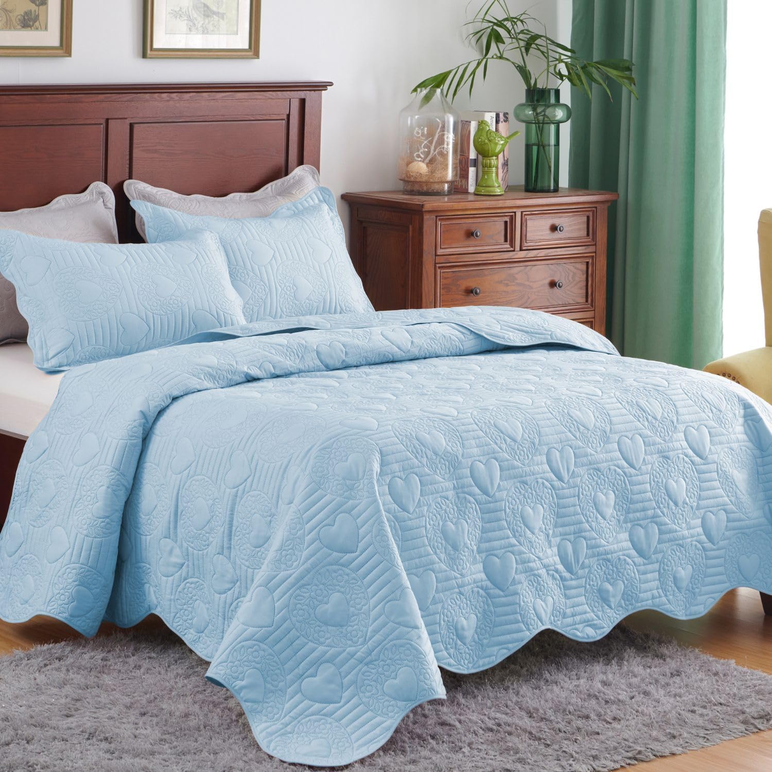Auemtyn Light Blue Heart Pattern Quilt Set 1